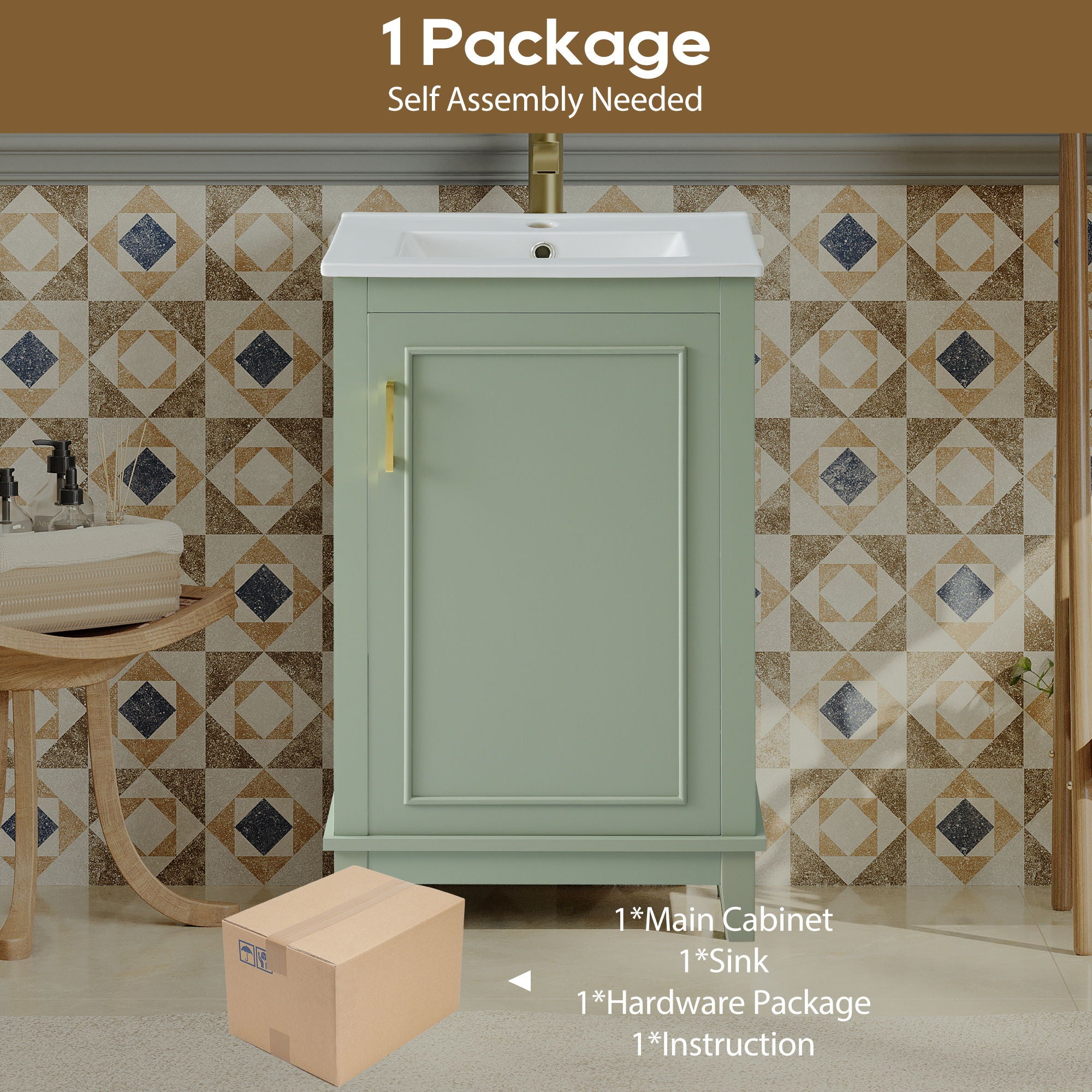 Modern Small Bathroom Vanity Cabinet With Ceramic Basin, Ample Storage, 1 Soft Close Door