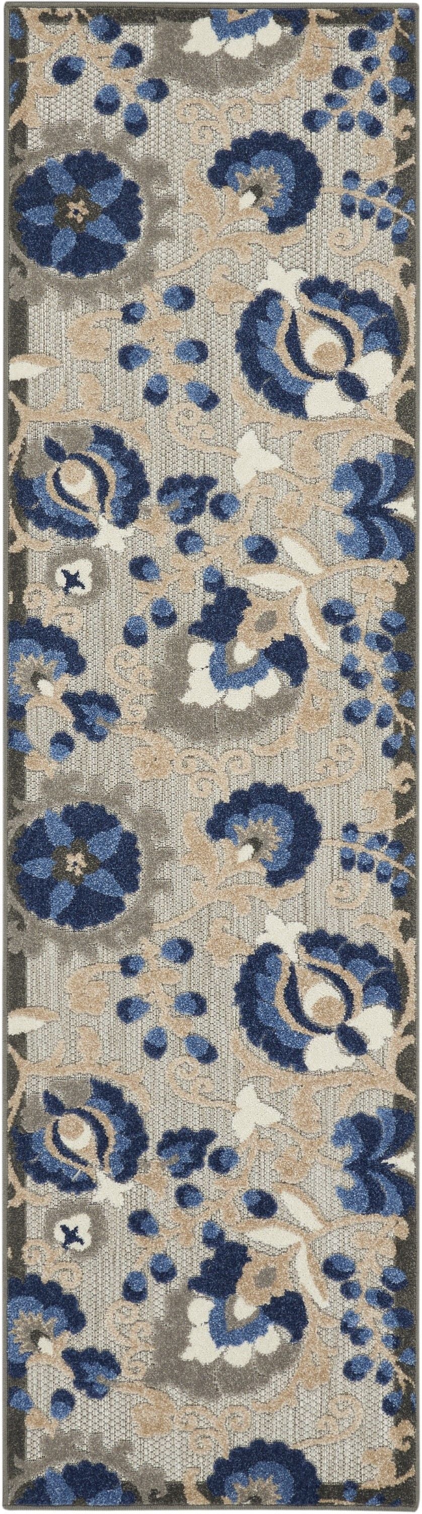 2' X 10' Floral Outdoor & Indoor Area Rug - Blue / Gray