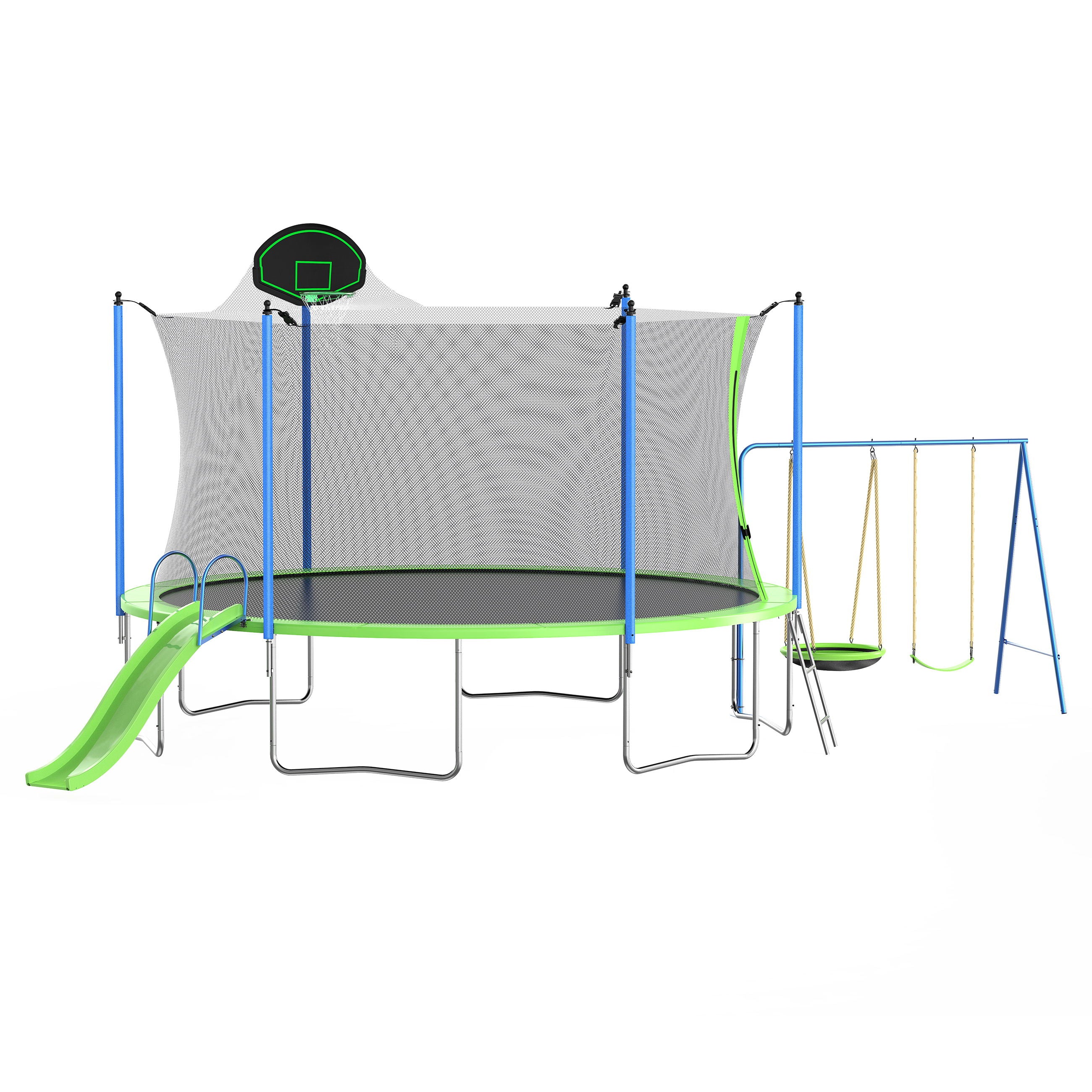 14Ft Trampoline With Slide And Swings, Astm Approved Large Recreational Trampoline With Basketball Hoop And Ladder, Outdoor Backyard Trampoline With Net, Capacity For Kids And Adults - Green / Blue