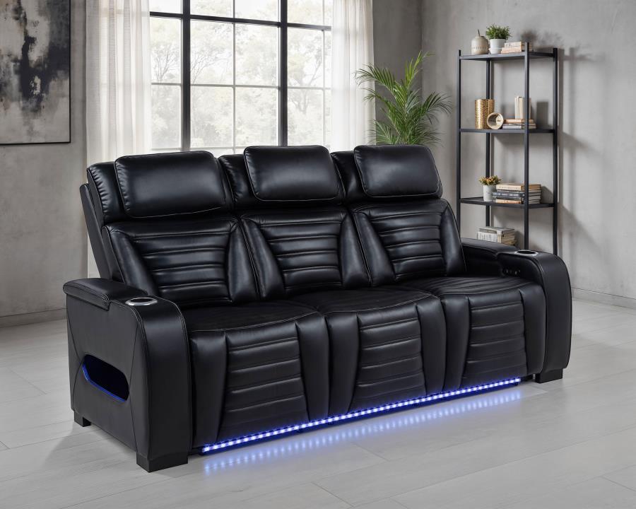 Zuma - Faux Leather Dual Power Reclining LED Sofa - Black