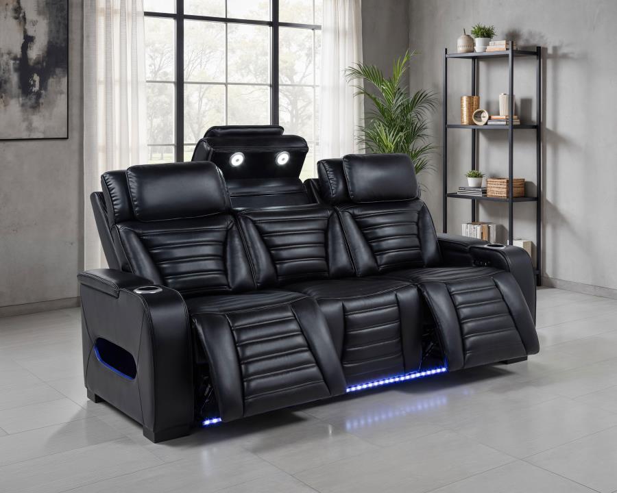 Zuma - Faux Leather Dual Power Reclining LED Sofa - Black