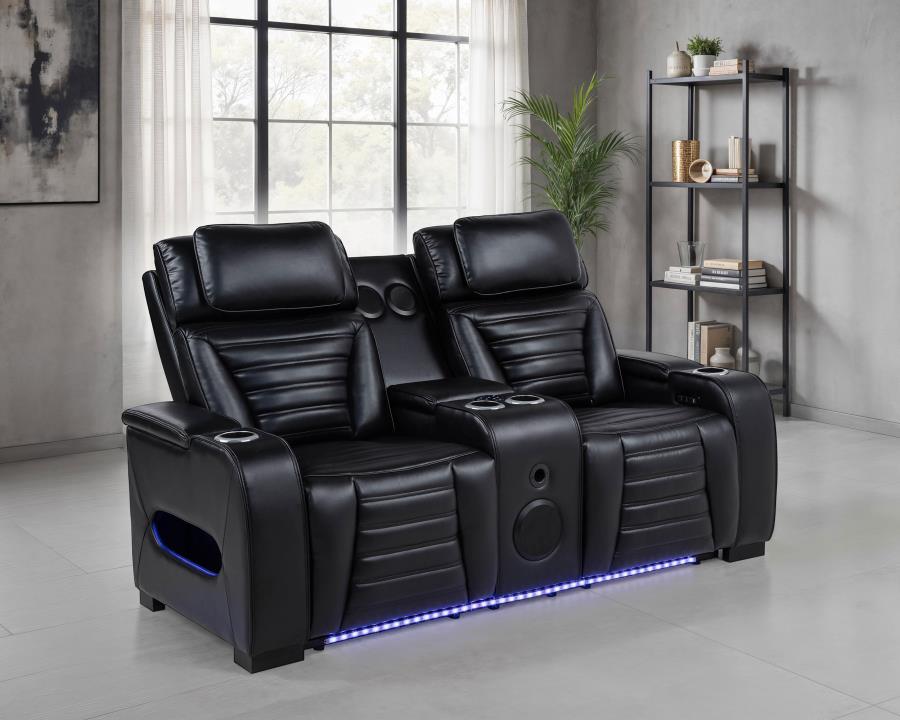 Zuma - Faux Leather Dual Power Reclining LED Loveseat - Black