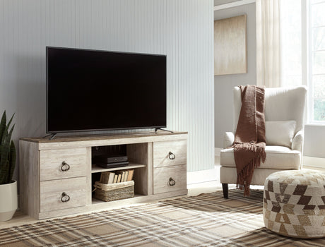 Willowton - Whitewash - 2 Pc. - TV Stand with Faux Firebrick Fireplace Insert by Signature Design by Ashley® | Bel Furniture