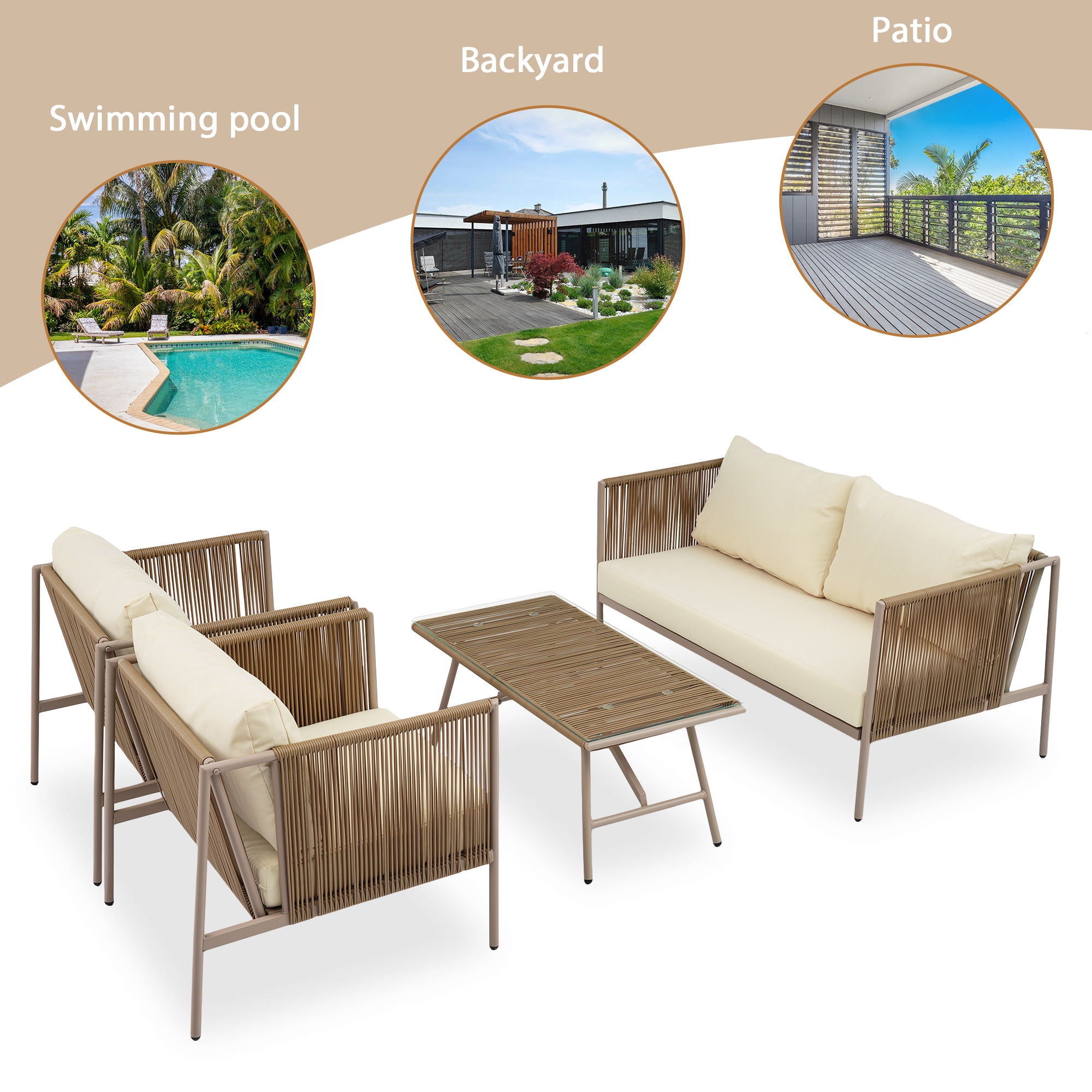 4 Piece Rope Sofa Set With Thick Cushions And Toughened Glass Table, All-Weather Patio Furniture Set For 4 Person With Loveseat