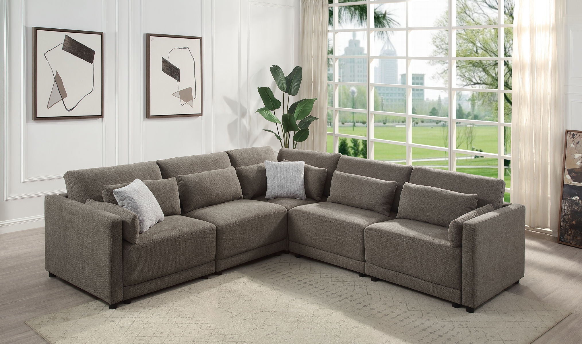 Rylie - Linen Modular Sectional Sofa With Toss Pillows - Brown