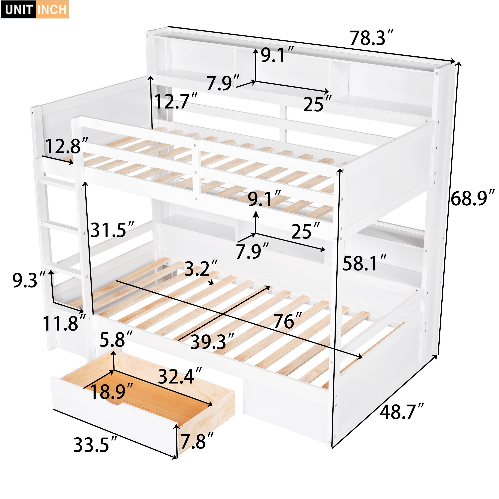 Twin Size Bunk Bed With Built-In Shelves Beside Both Upper And Down Bed And Storage Drawer