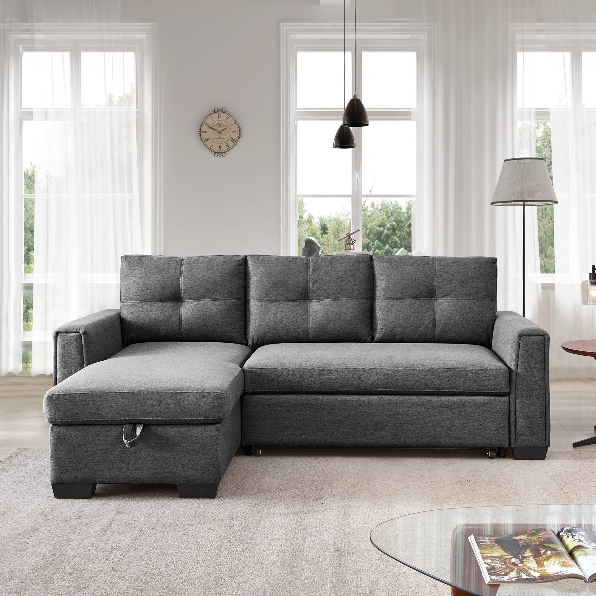 Polyester Blend Convertible Futon Sleeper Sofa With Black Legs - Dark Gray