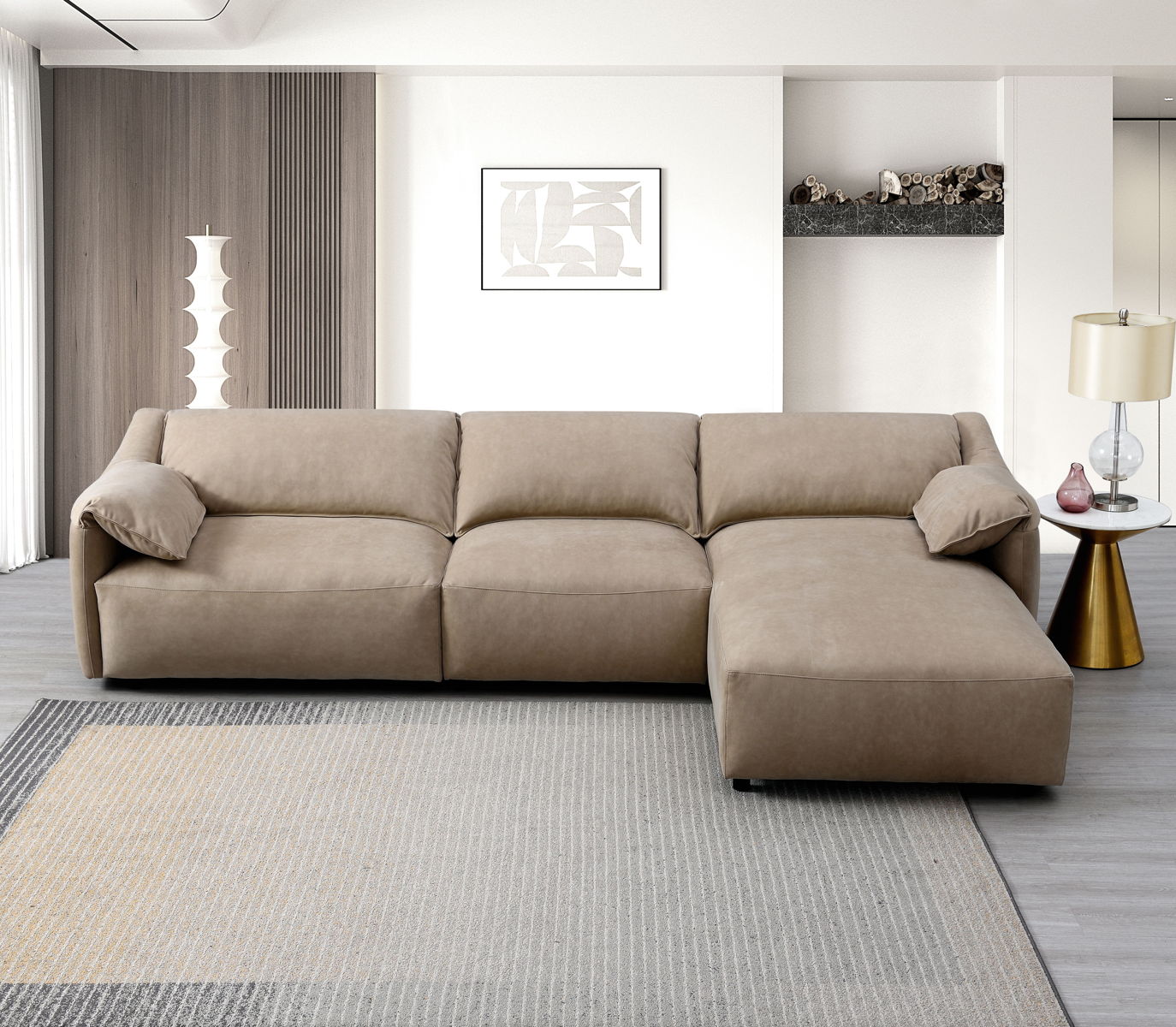 Veata - Suede Sectional Sofa With Right Hand Facing Chaise - Light Brown