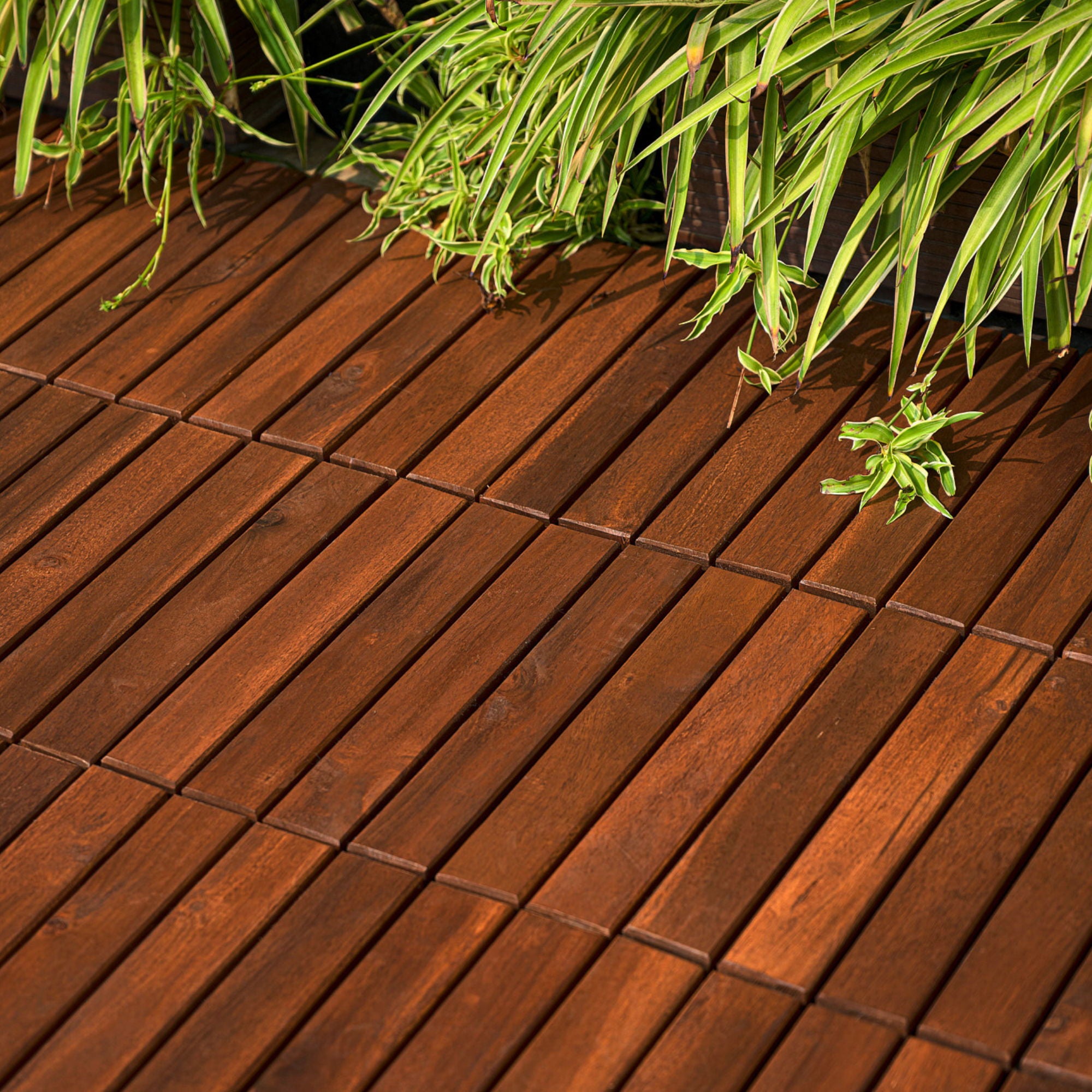 Interlocking Deck Tiles Striped Pattern, Square Acacia Hardwood Outdoor Flooring For Patio, Bancony, Pool Side