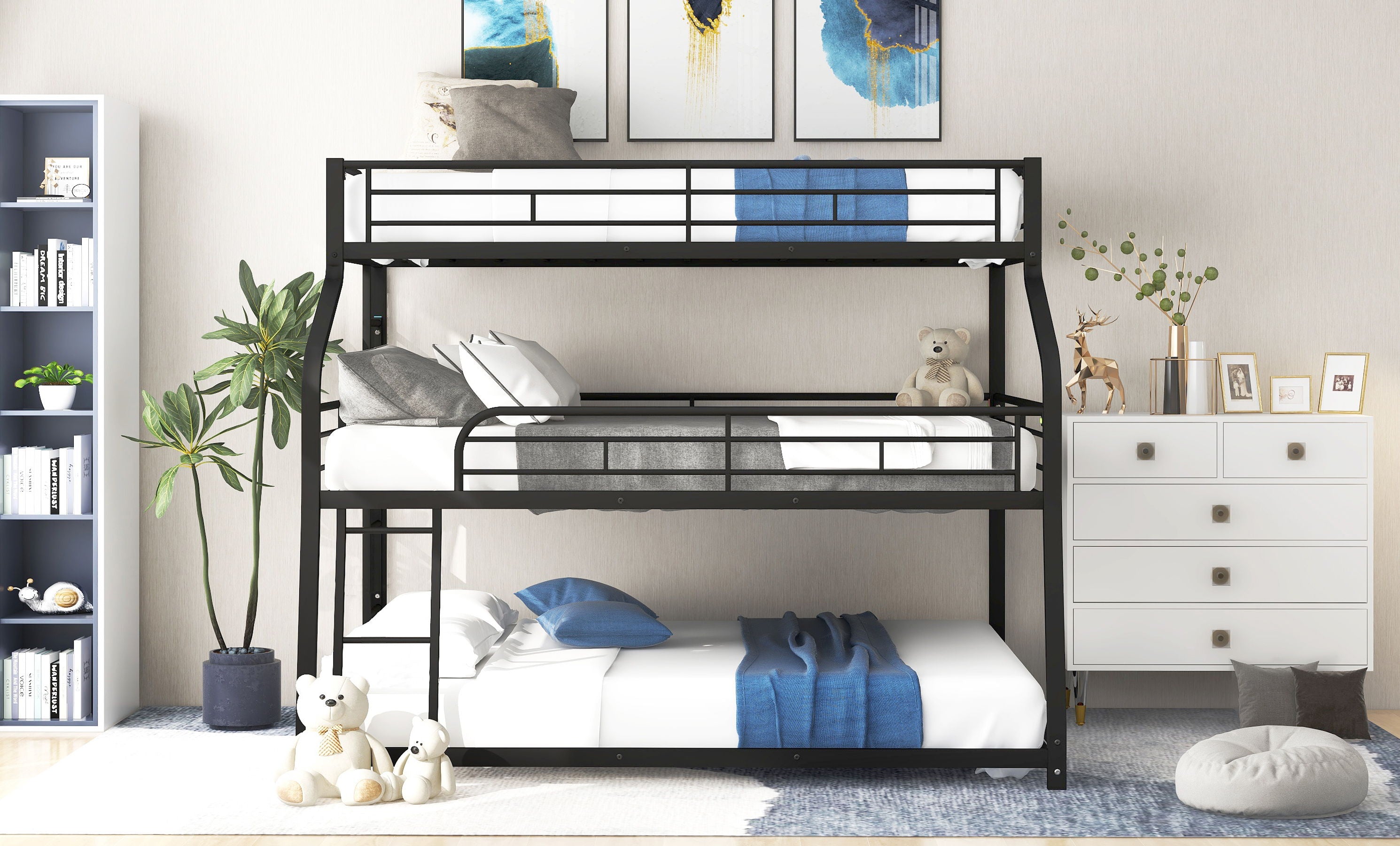 Twin Long / Full Long / Queen Triple Bunk Bed With Long And Short Ladder And Full-Length Guardrails - Black