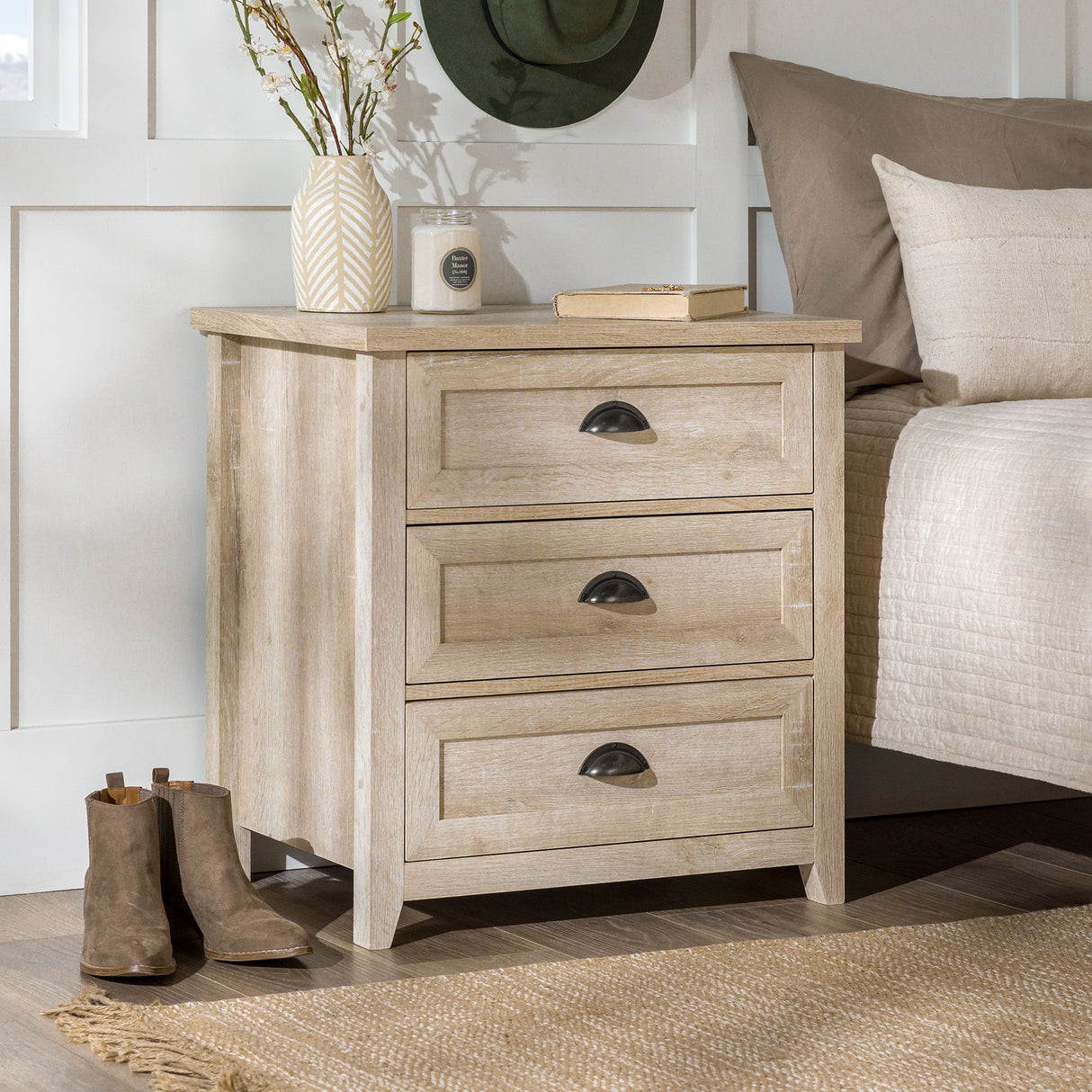 Transitional Farmhouse Framed 3 Drawer Nighstand With Cup Handles by Walker Edison | Bel Furniture