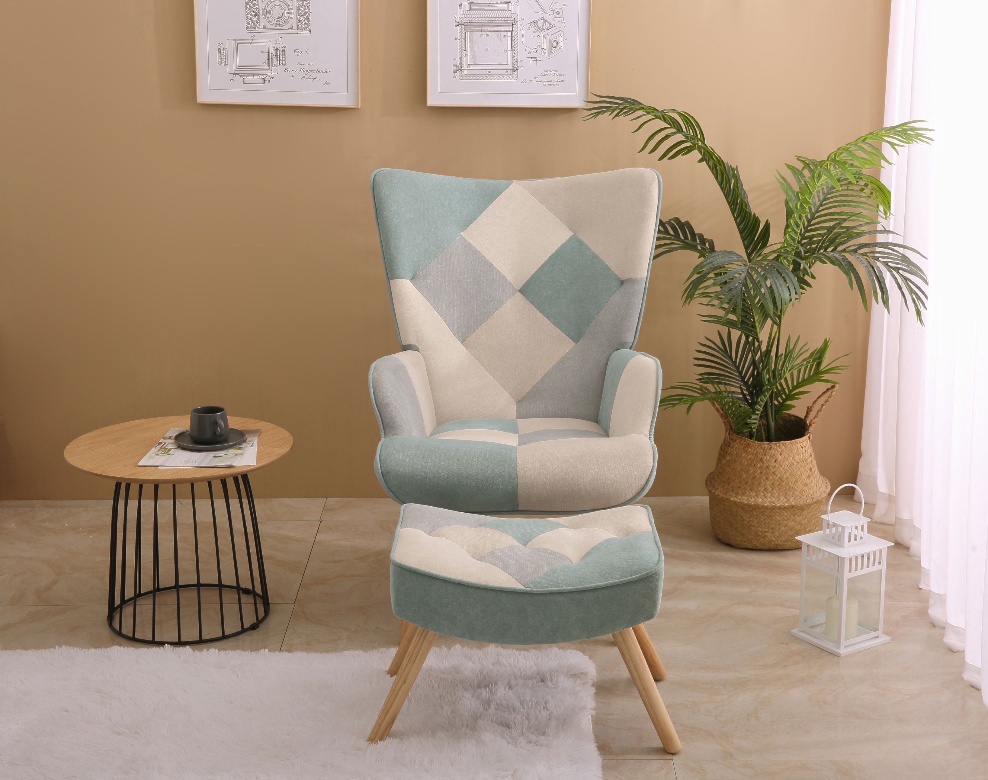 Accent Chair With Ottoman, Living Room Chair And Ottoman Set, Comfy Side Armchair For Bedroom, Creative Splicing Cloth Surface