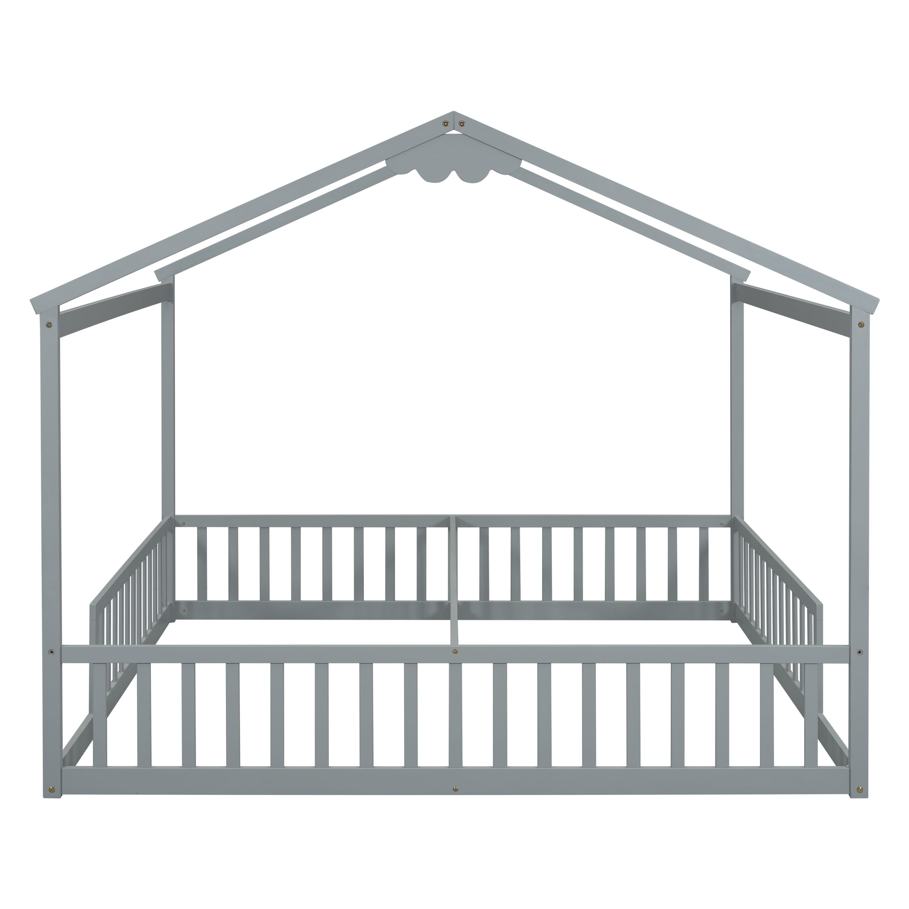 Double Twin House-Style Floor Bed With Fence, Guardrails, Without Door