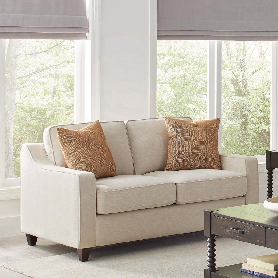 Christine - Upholstered Sloped Arm Loveseat - Beige by CoasterElevations | Bel Furniture