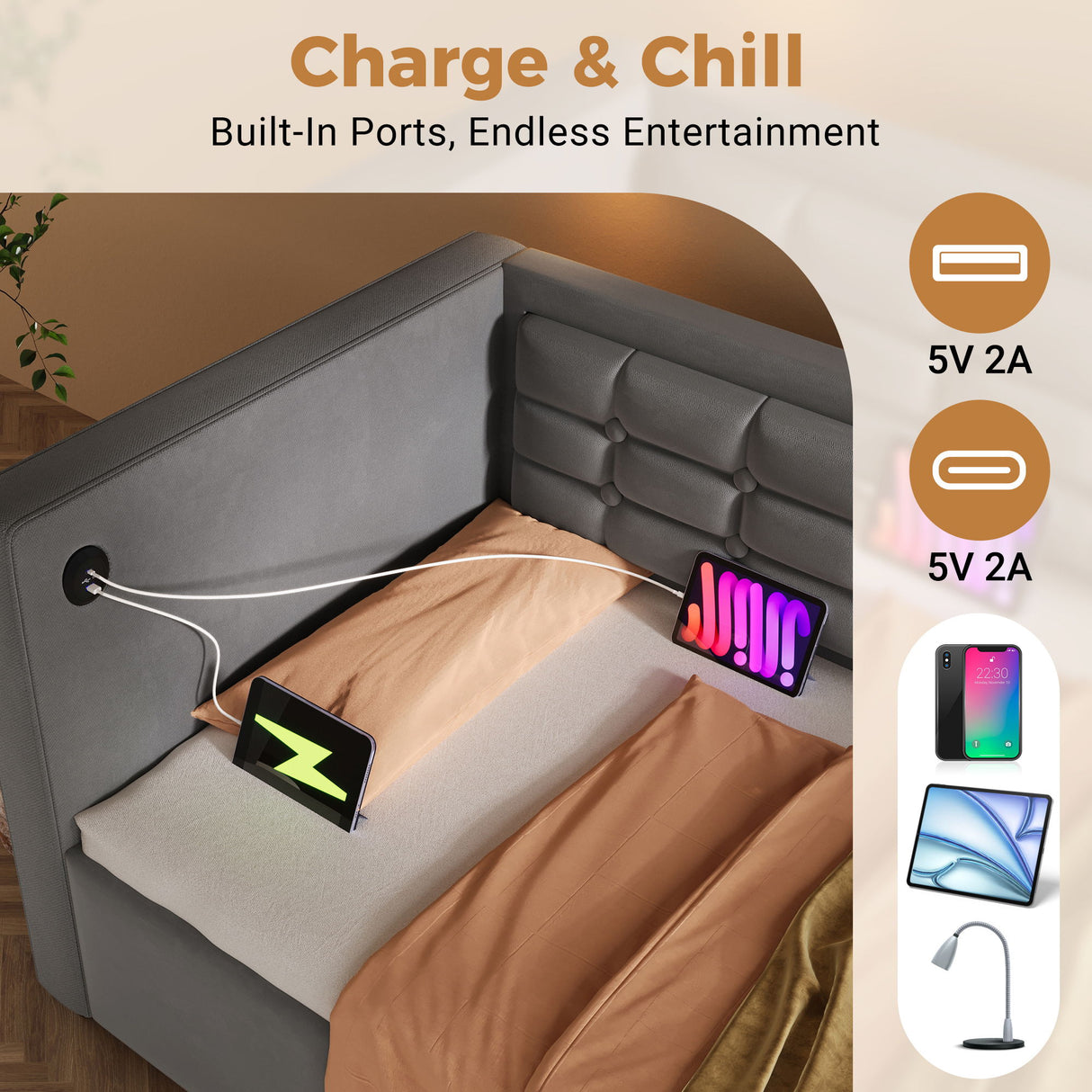Upholstered Hydraulic Storage Daybed With USB & Type C Charging