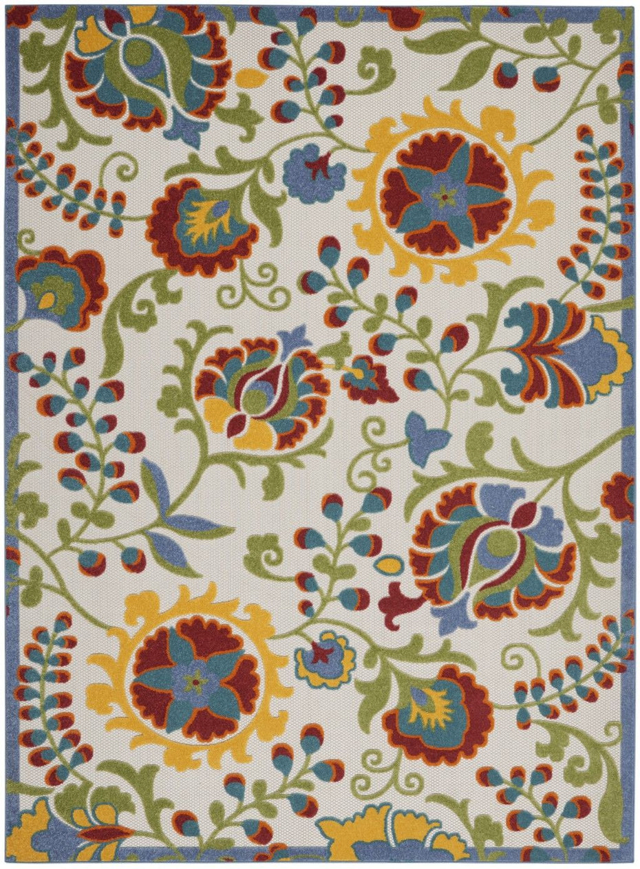 7' X 10' Floral Indoor / Outdoor Area Rug - Ivory / Multi