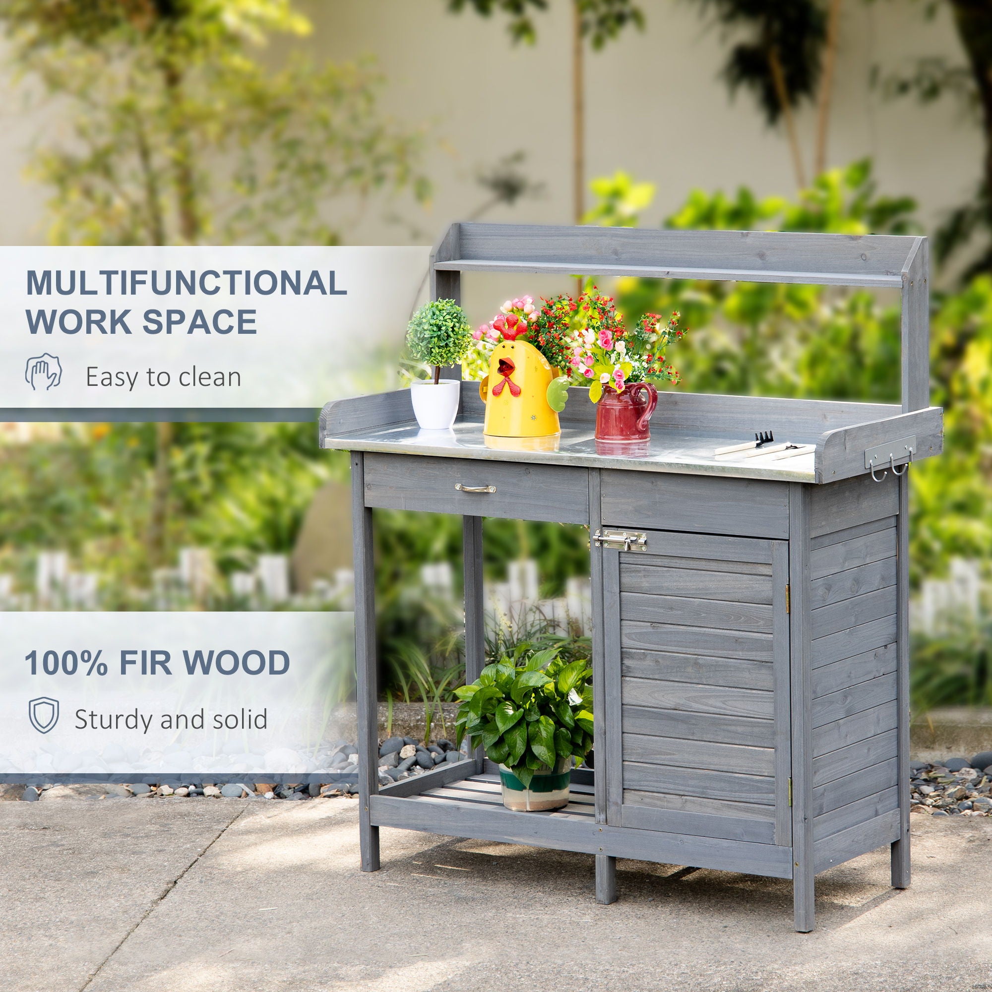 Outsunny - Outdoor Potting Bench Table, Garden Work Station With Storage Cabinet, Open Shelf And Steel Tabletop - Gray