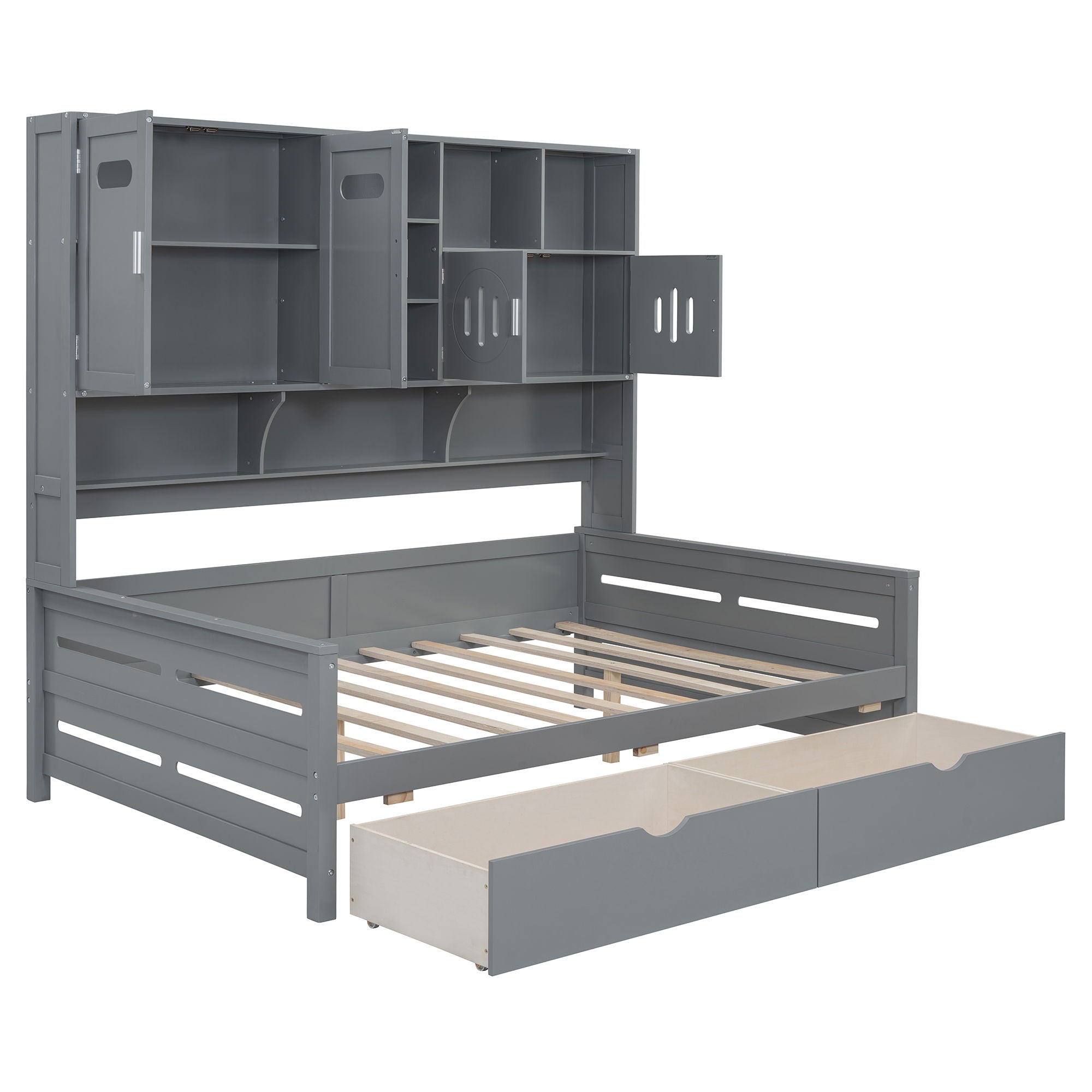 Wooden Daybed With 2 Drawers, And All-In-One Cabinet And Shelf