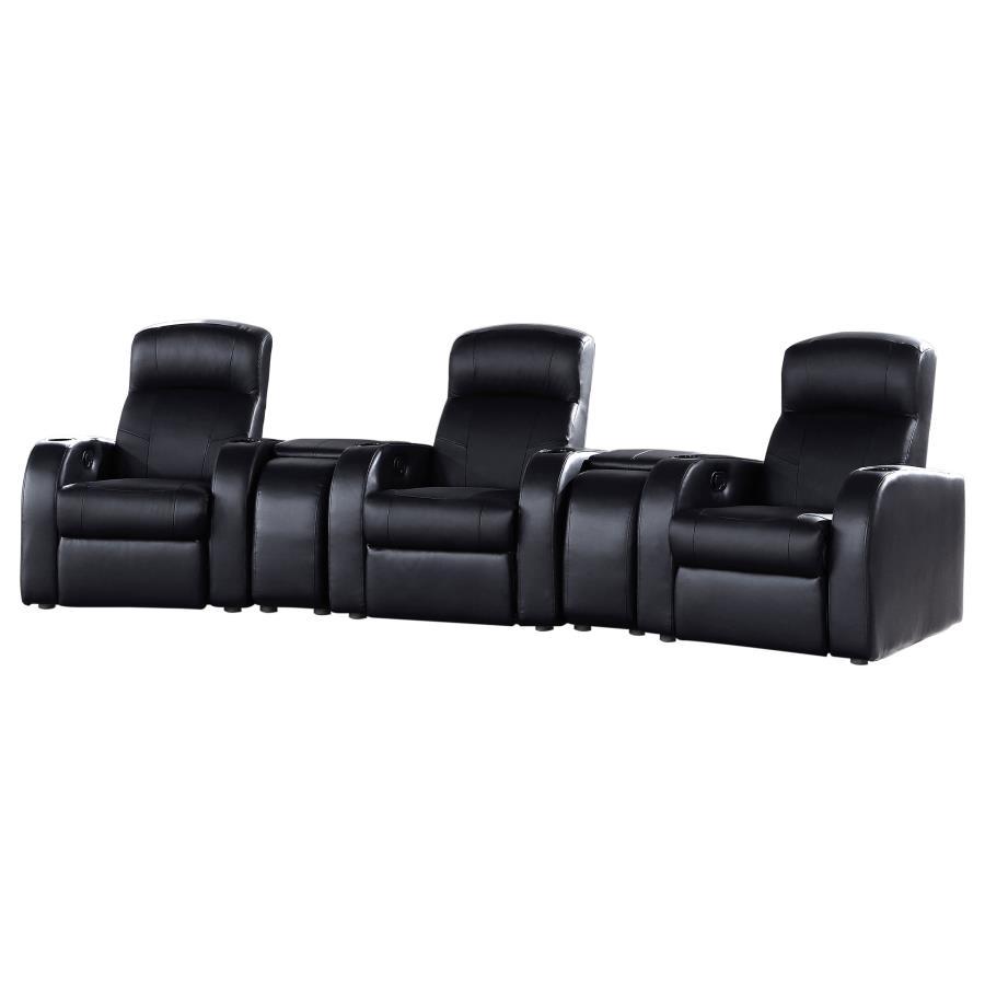 Cyrus - Upholstered Home Theater Seating Black 5 Pc. 3 Seats, 2 Cup Holders by CoasterEssence | Bel Furniture