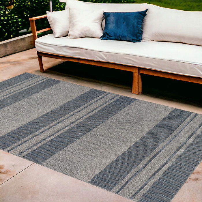 9' X 12' Striped Stain Resistant Indoor / Outdoor Area Rug - Blue / Gray