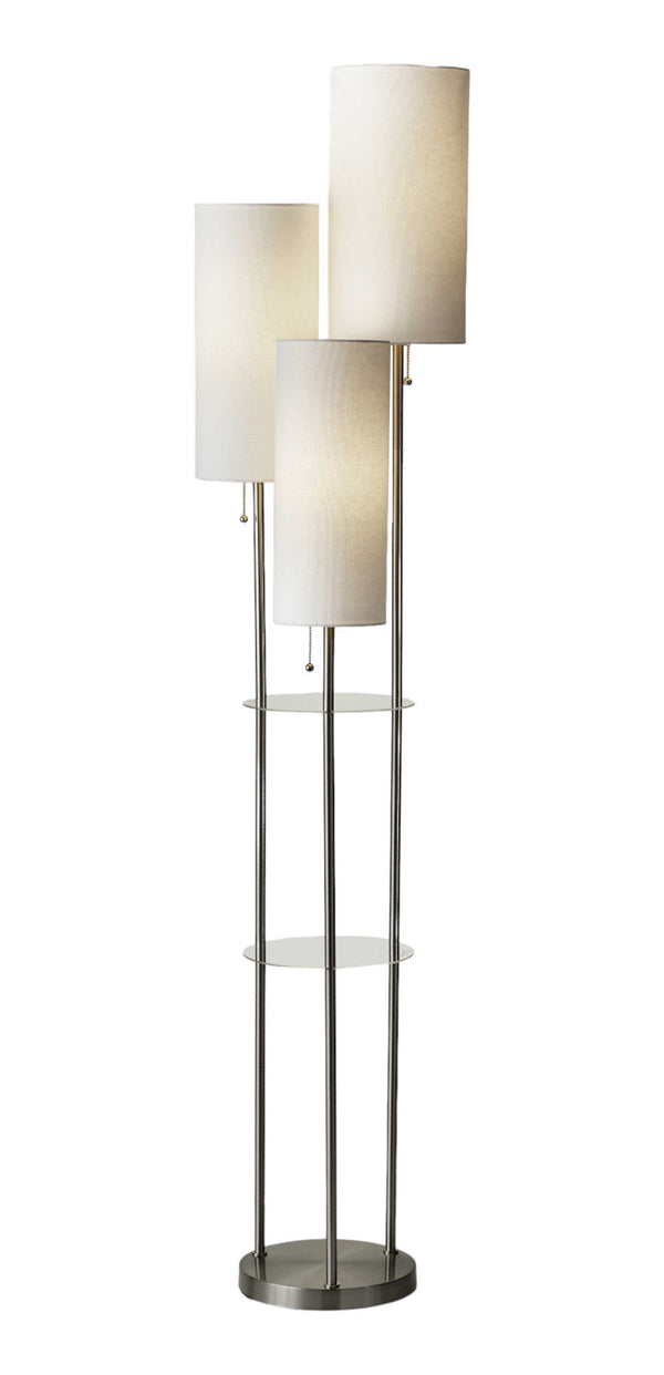 Steel Three Light Floor Lamp With Linen Cylinder Shades - White