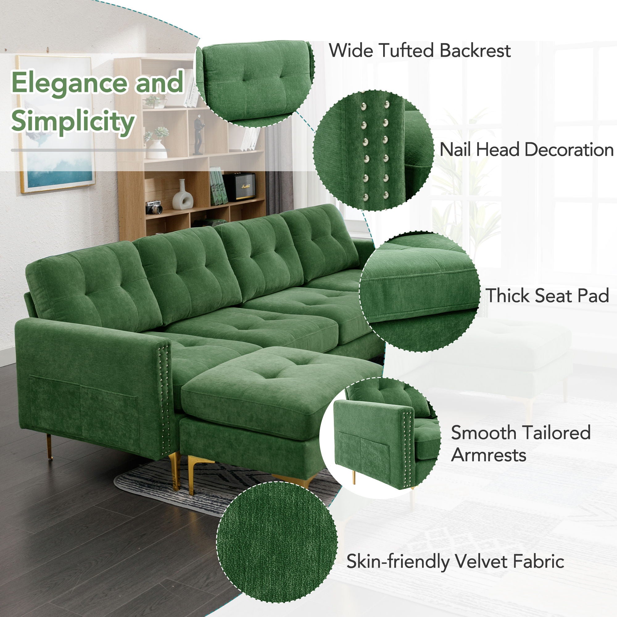 L-Shape Convertible Sectional Sofa Couch With Movable Ottoman For Living Room