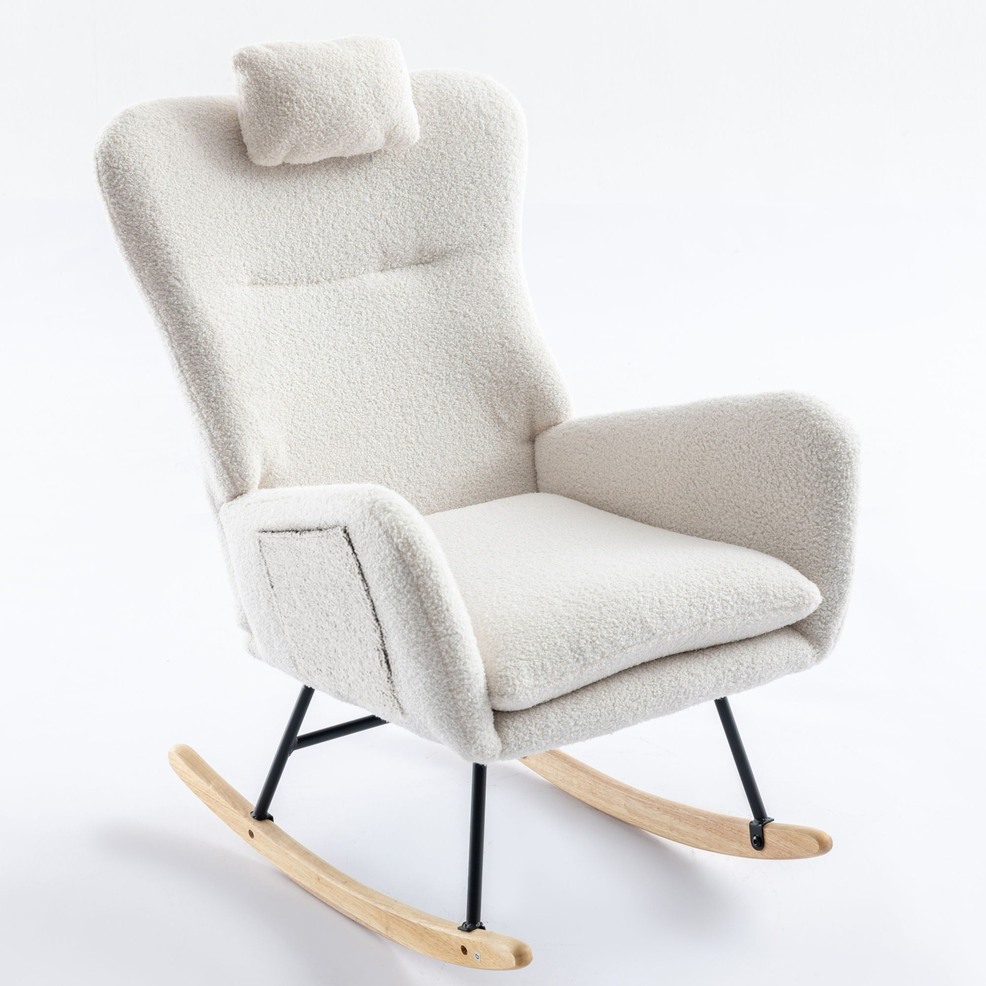 Rocking Chair With Pocket, Soft Teddy Fabric Rocking Chair For Nursery, Comfy Wingback Glider Rocker With Safe Solid Wood Base