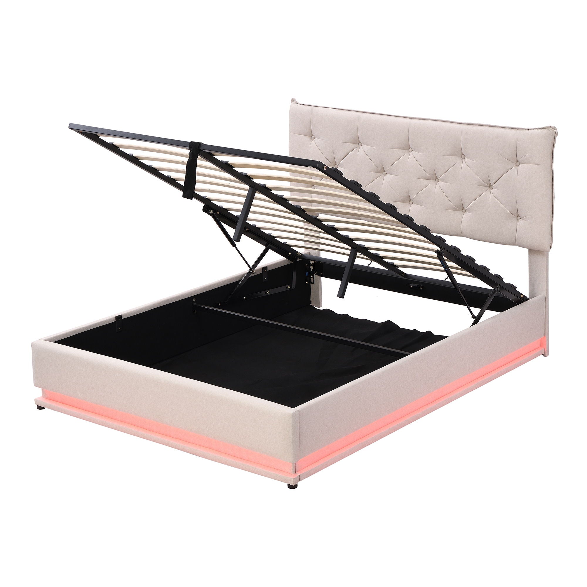 Upholstered Bed With Hydraulic Storage System And LED Light, Modern Platform Bed With Button-Tufted Design Headboard