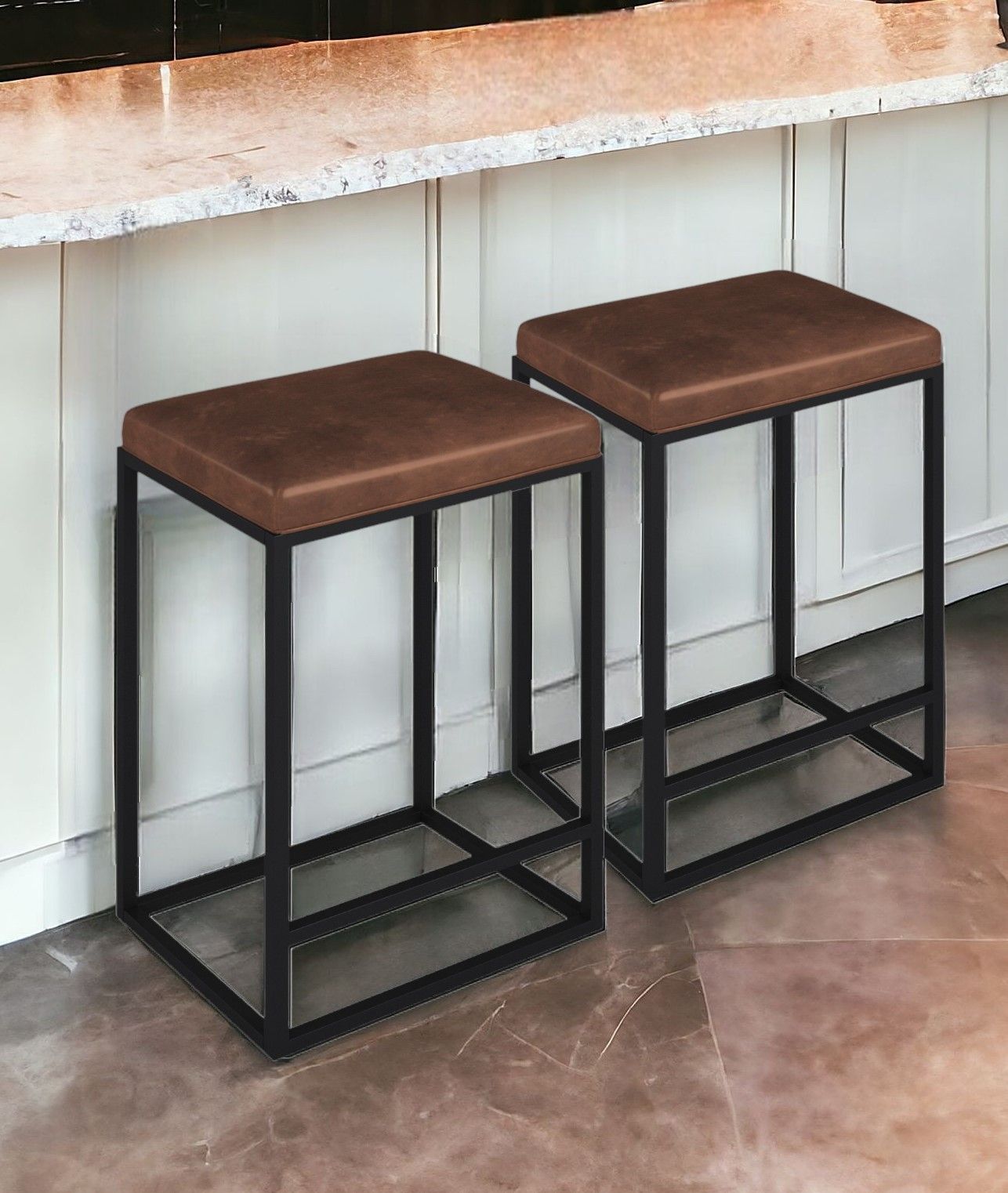 Faux Leather And Metal Backless Counter Height Bar Chairs (Set of 2) - Brown / Black