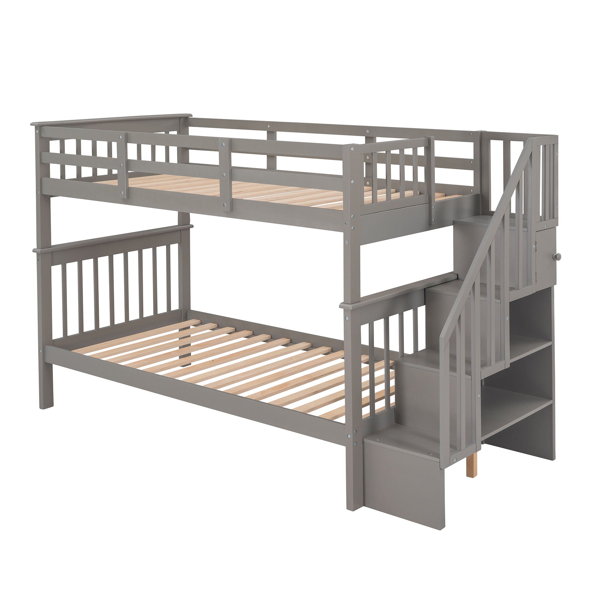 Stairway Bunk Bed With Storage And Guard Rail For Bedroom, Dorm