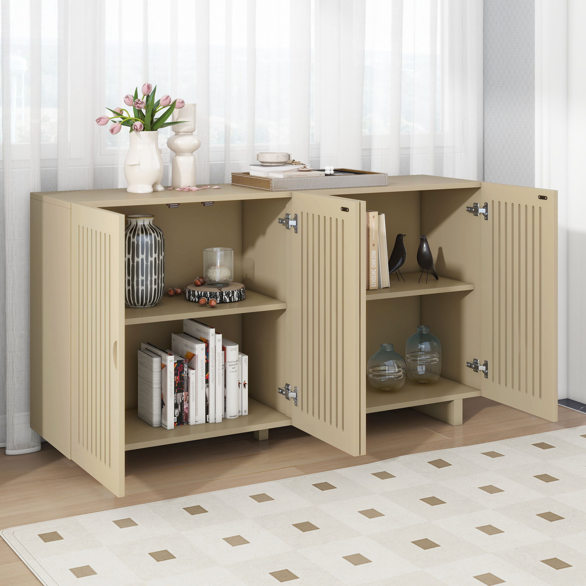 Modern Style Sideboard With Superior Storage Space, Hollow Door Design And 2 Adjustable Shelves For Living Room And Dining Room