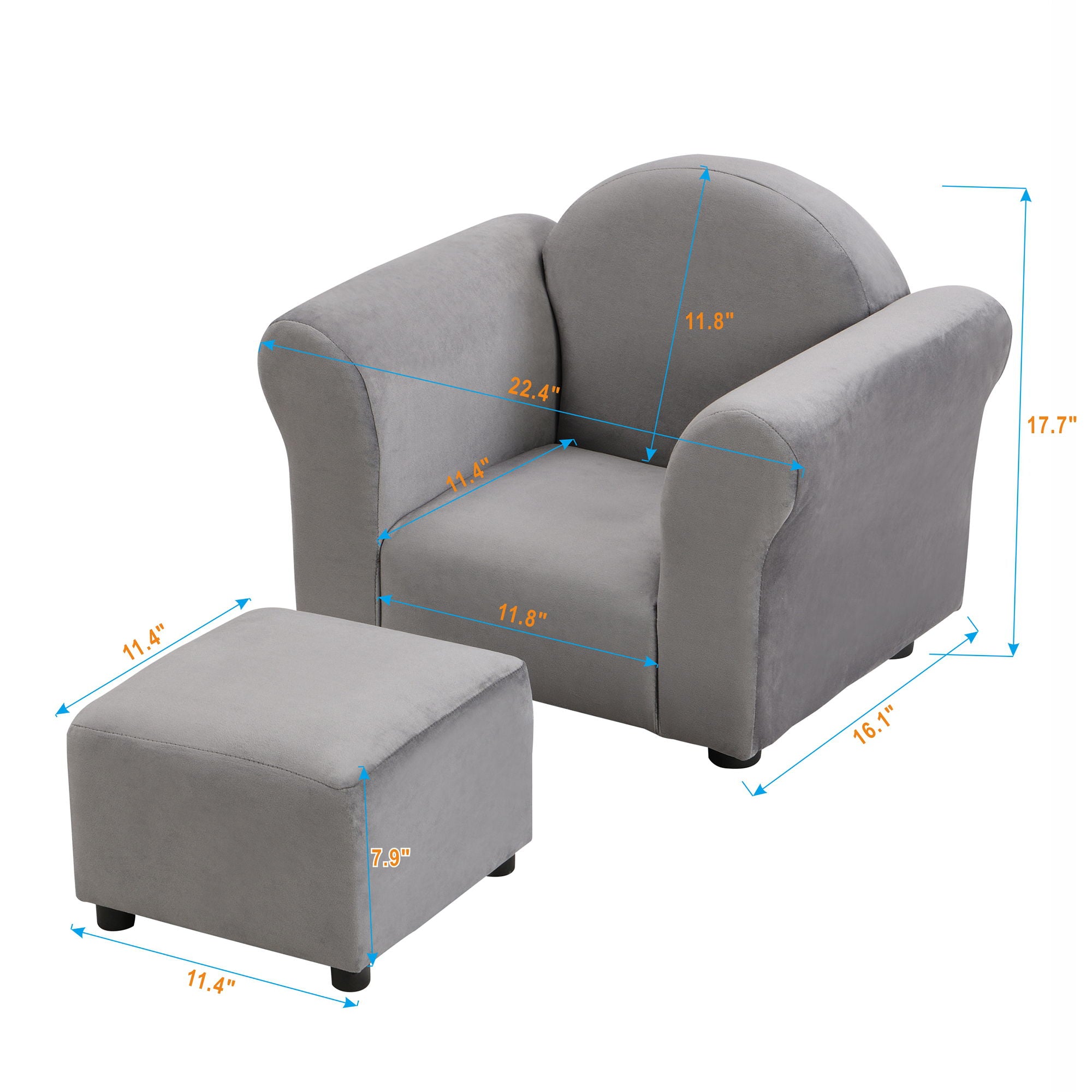 Kids Recliner Chair, Kids Upholstered Couch With Ottoman - Gray