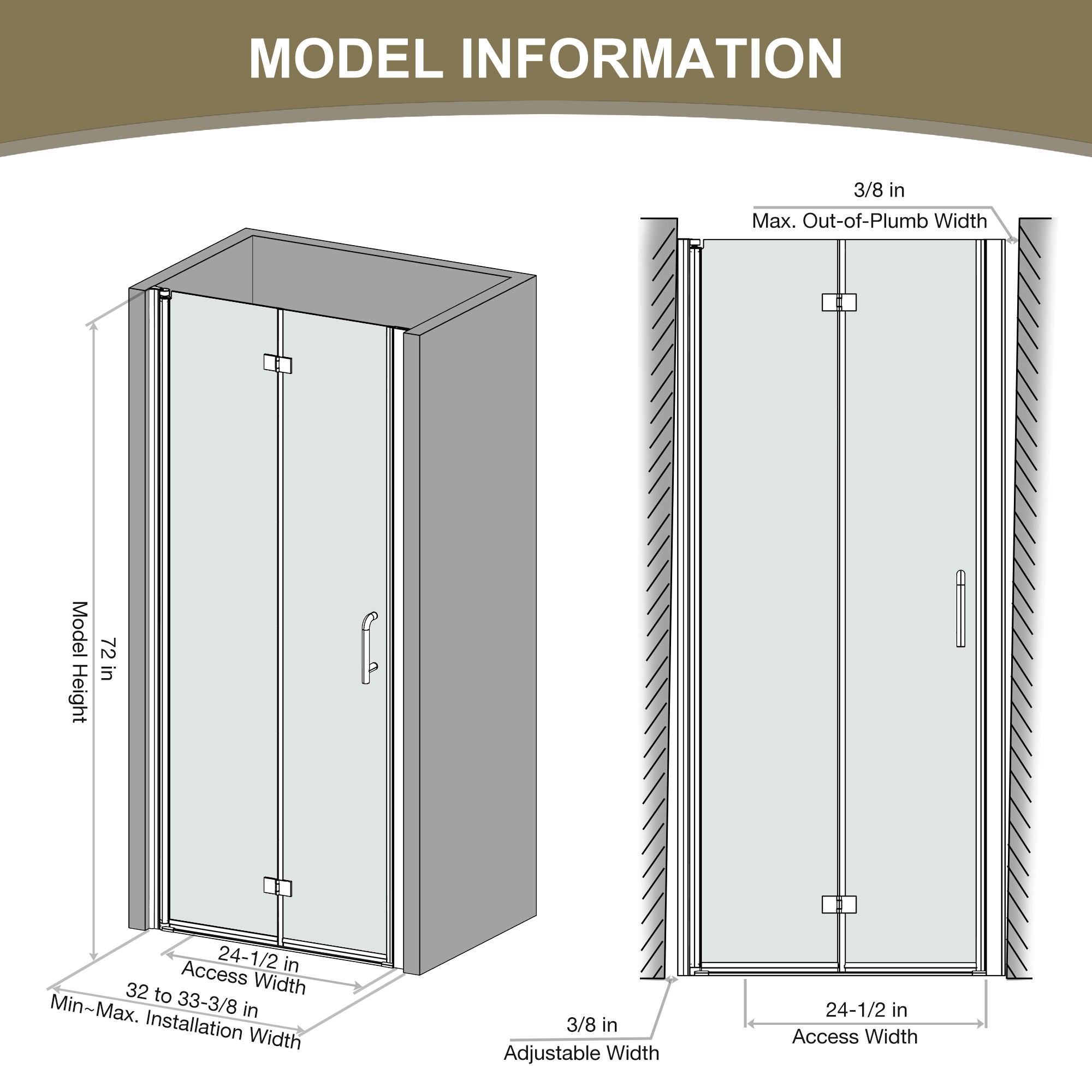 32" Bi-Fold Semi-Frameless Shower Doors In Matte With Clear Glass - Black