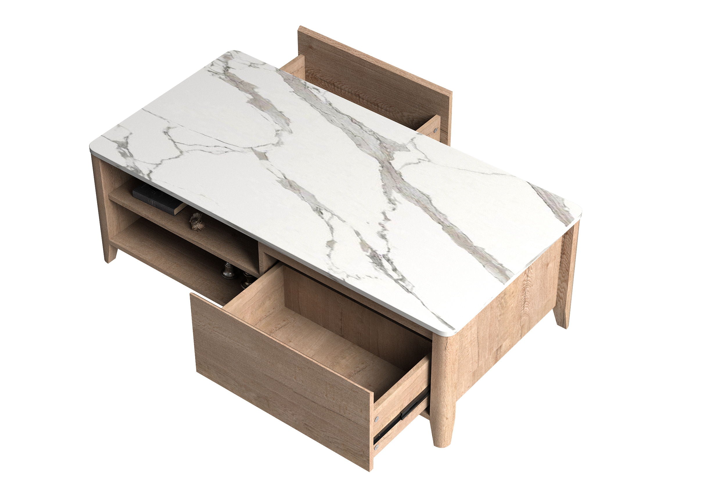 Modern Farmhouse Double Drawer Coffee Table For Living Room Or Office Marble Texture