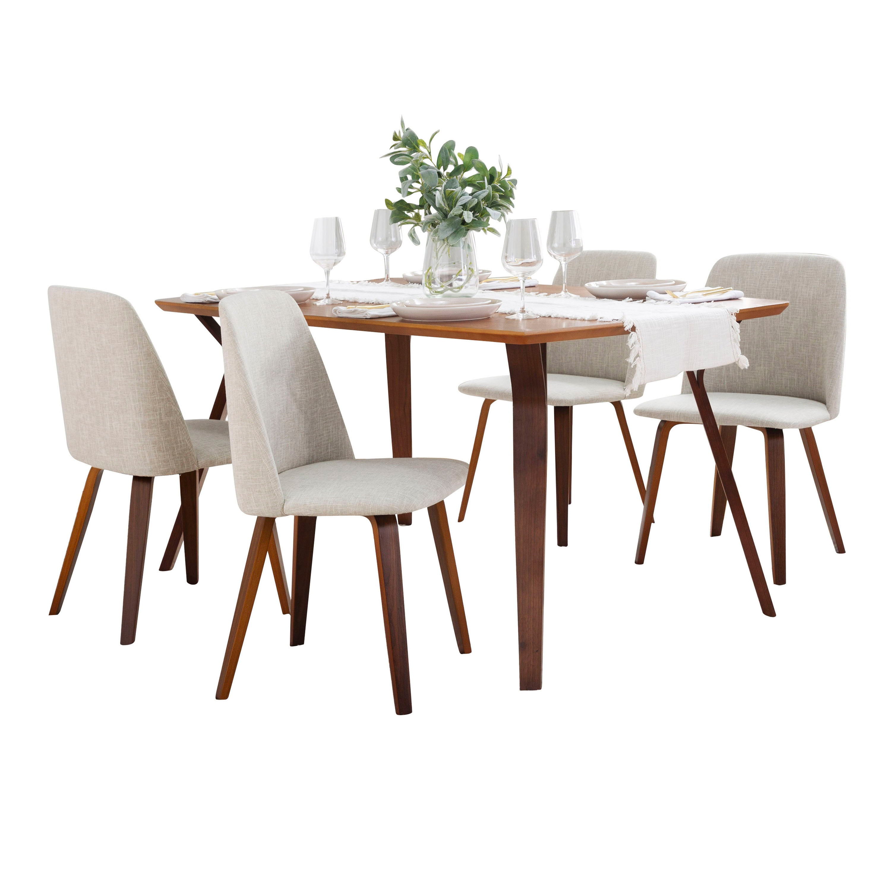 Folia Toriano - 5 Piece Mid-Century Modern Dining Set - Walnut / Beige