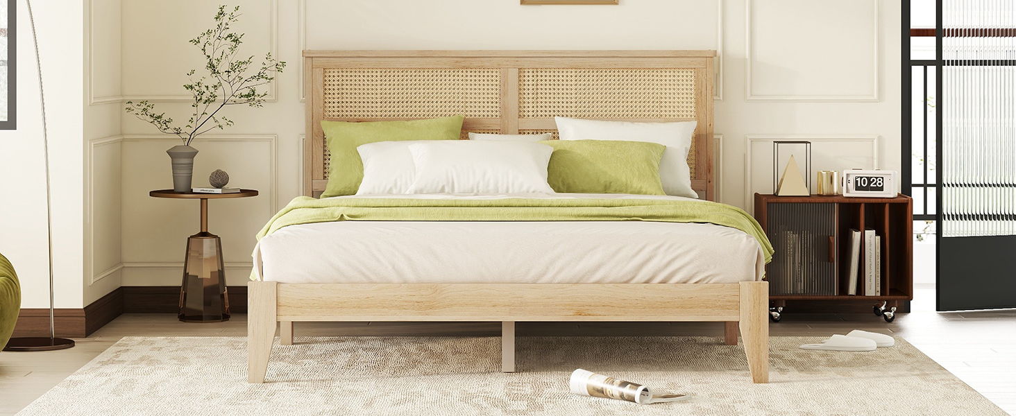 Queen Size Rubber Wooden, Solid Wooden Bed With Rattan Headboard, Enhanced By Support Feet - Natural