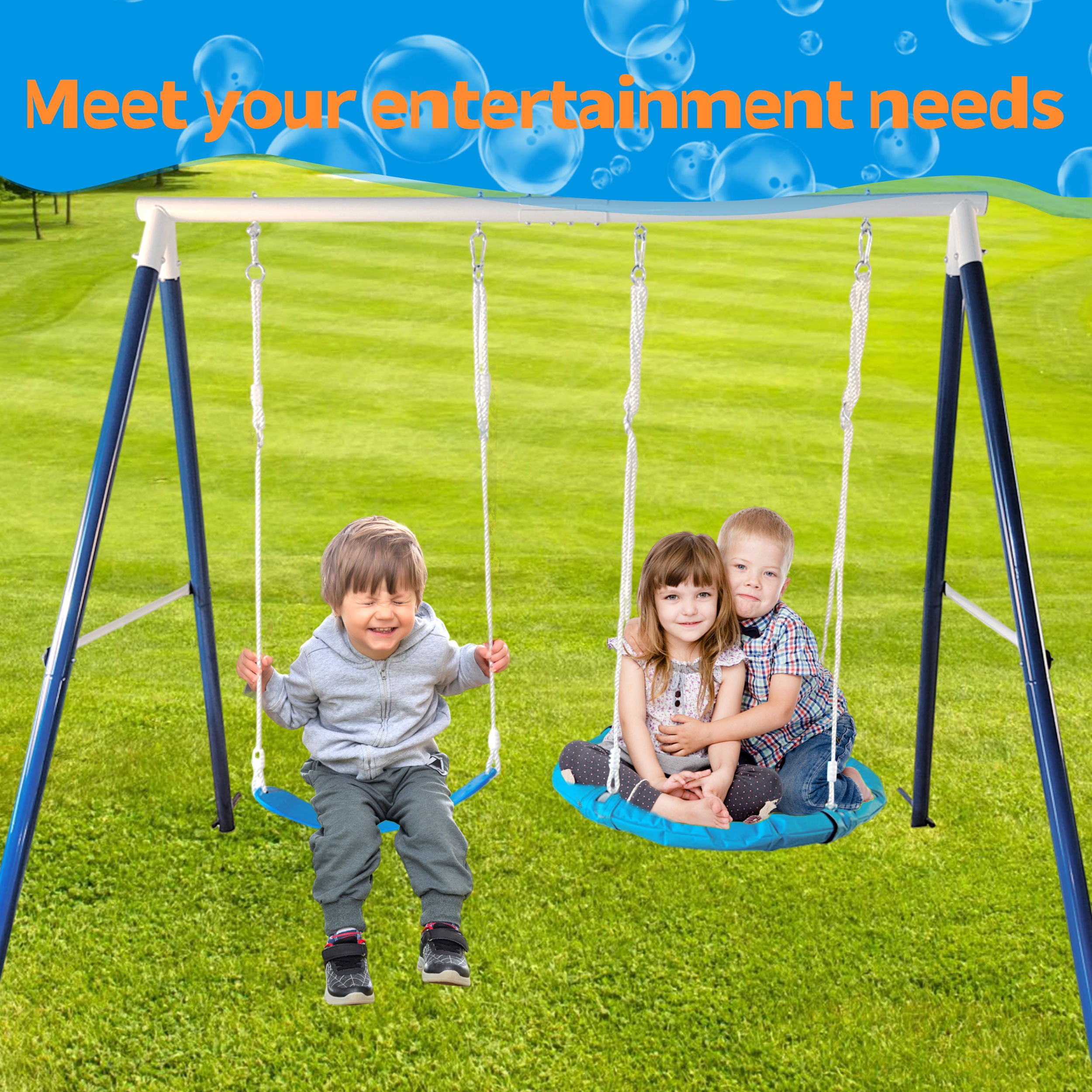 Kids Metal Swing Set For Backyard Outdoor Playground Two Functional Swing Set For Kids Outdoor Equipment - Antique Blue