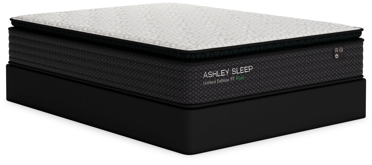 Limited Edition PT Plush pillow top mattress in black and gray, displayed at angle - Bel Furniture
