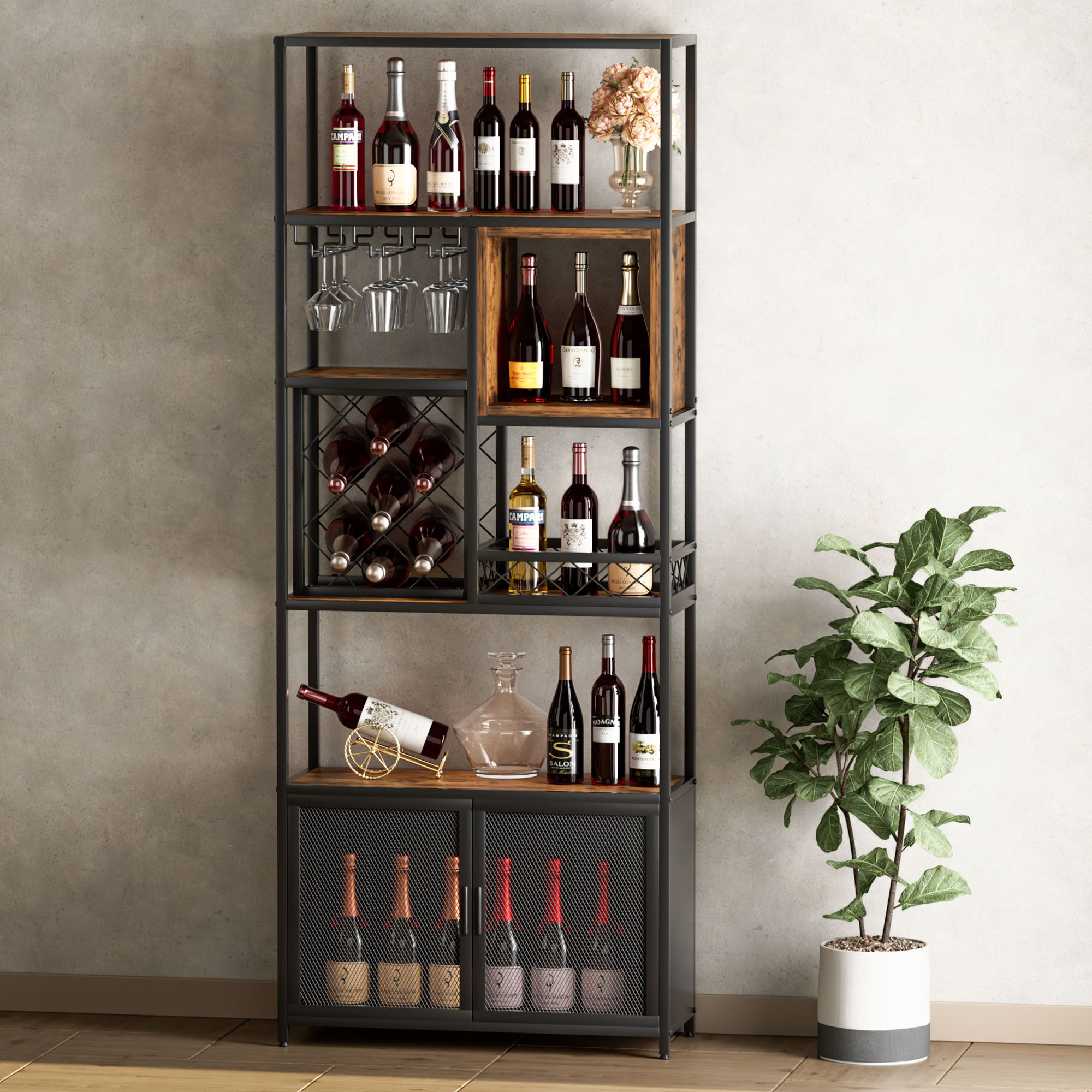 Industrial Tall Black Bar Wine Rack Cabinet With Glass Holder Wood Home Bar Cabinet - Walnut / Black