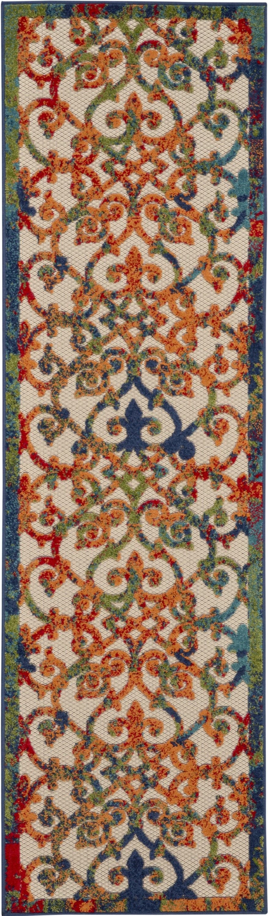 2' X 8' Floral Outdoor & Indoor Area Rug - Ivory / Blue