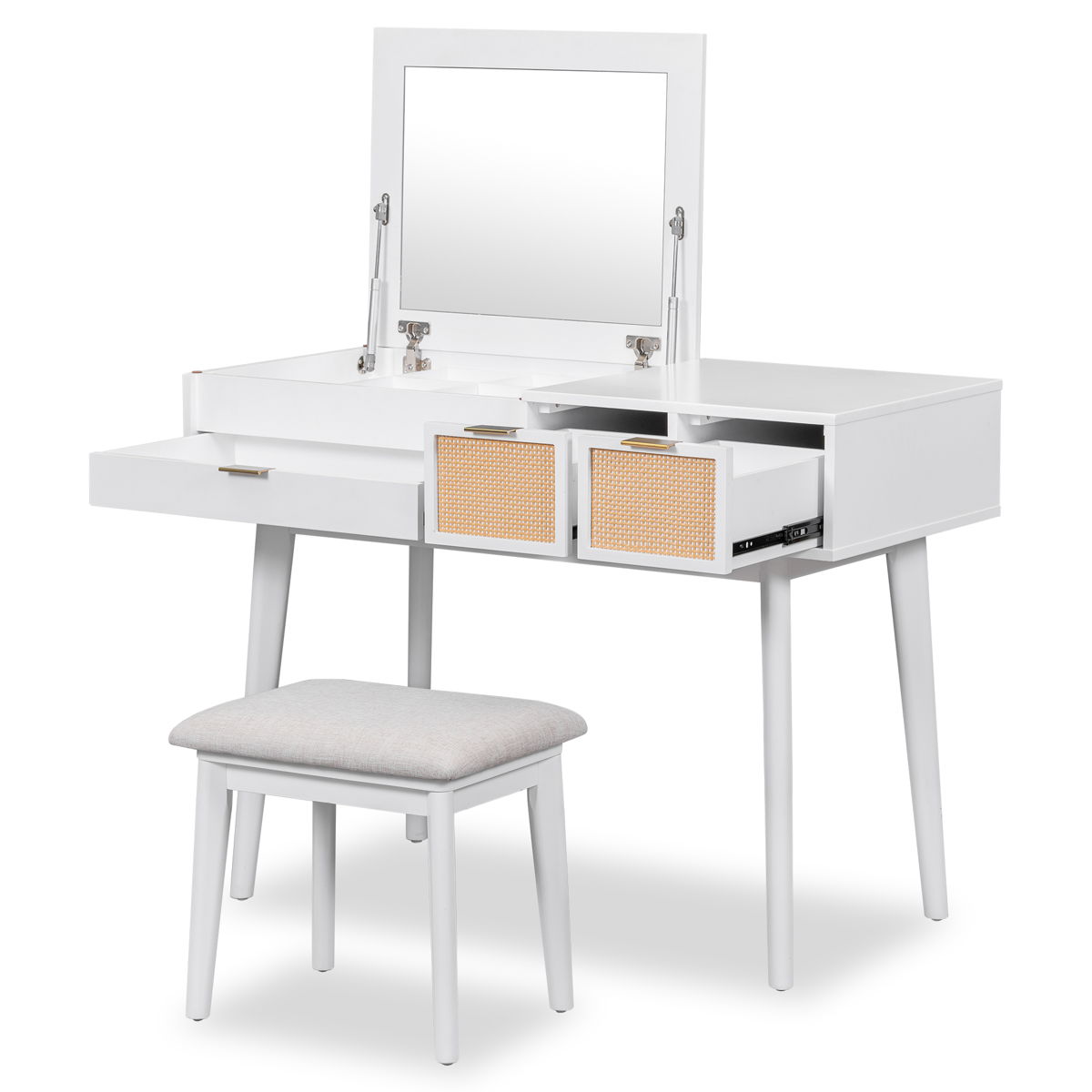 Classic Wood Makeup Vanity Set With Flip-Top Mirror And Stool, Dressing Table With Three Drawers And Storage Space