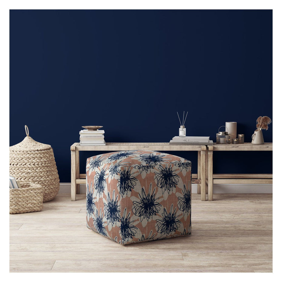 Canvas Floral Pouf Cover - Pink / Blue