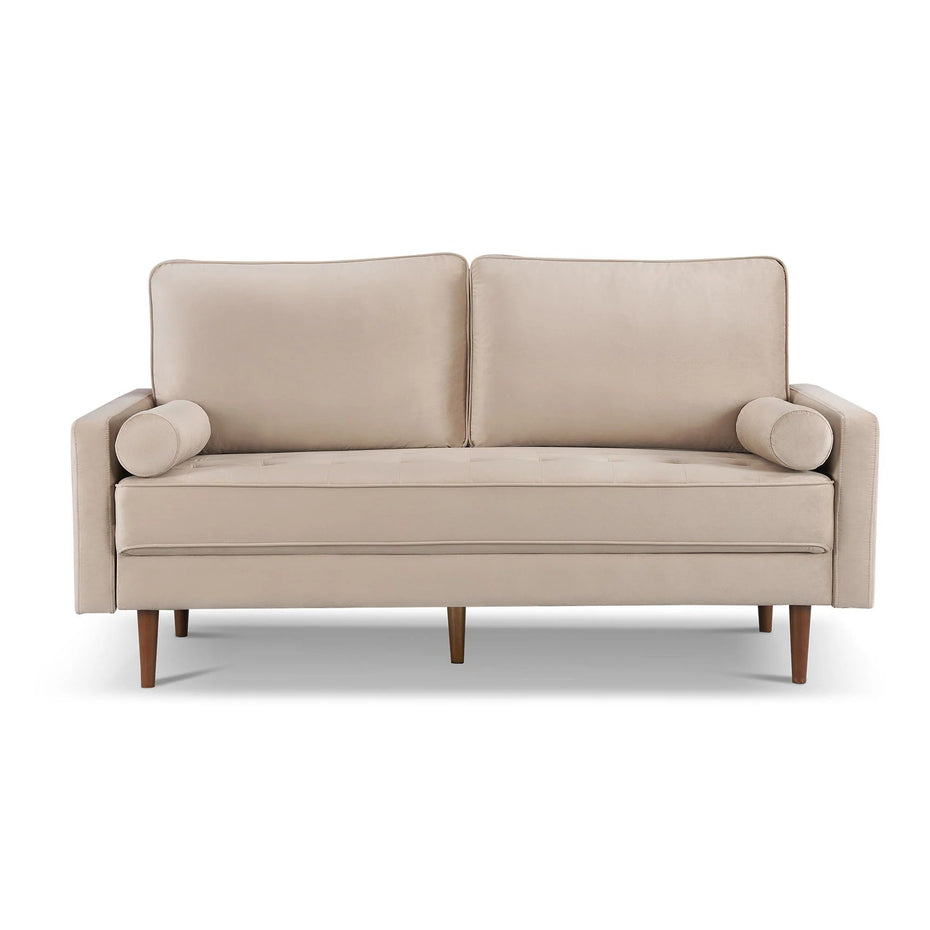 Velvet Sofa And Toss Pillows With Dark Brown Legs - Beige