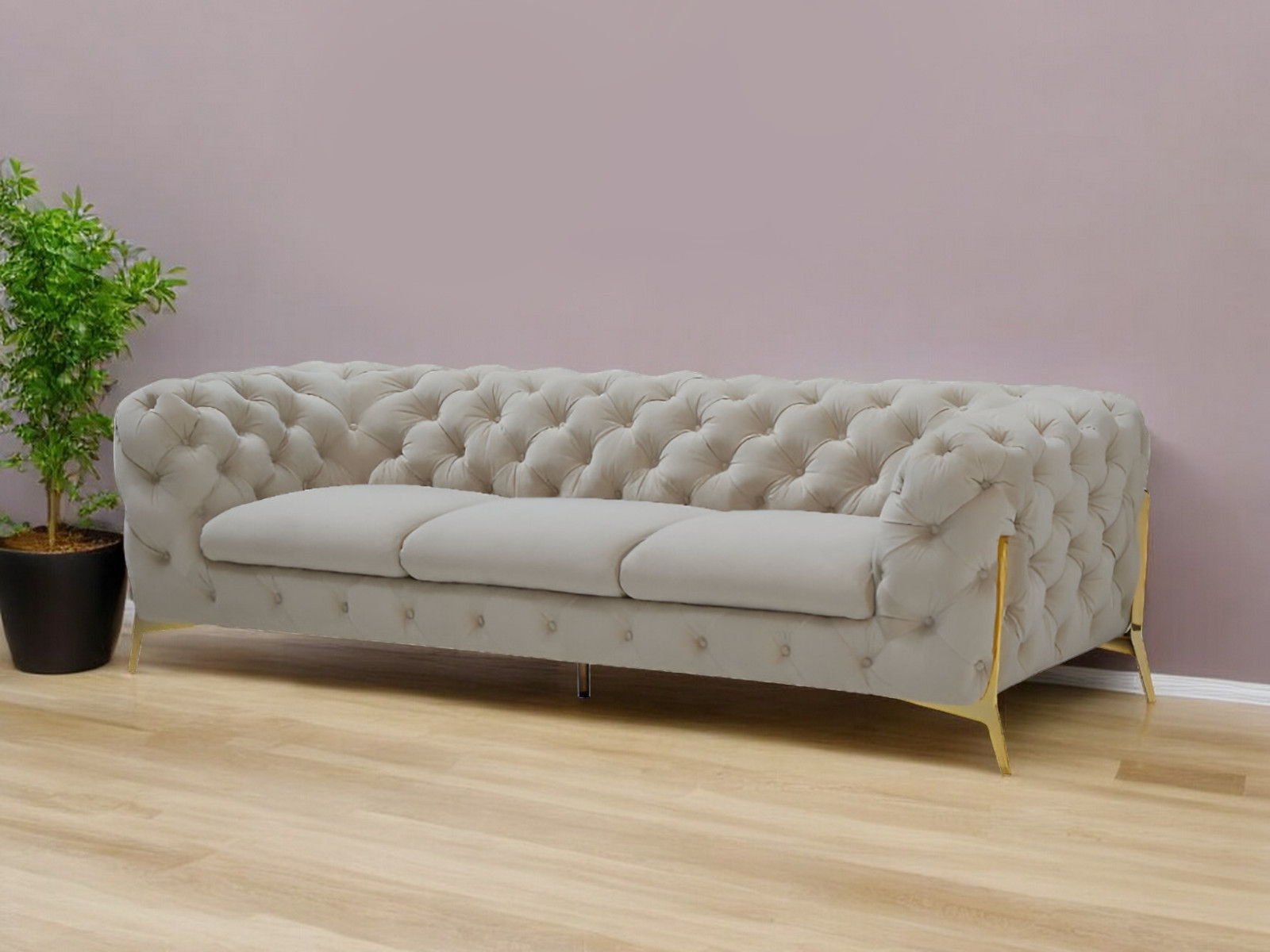 Velvet Chesterfield Sofa & Gold Legs - Beige