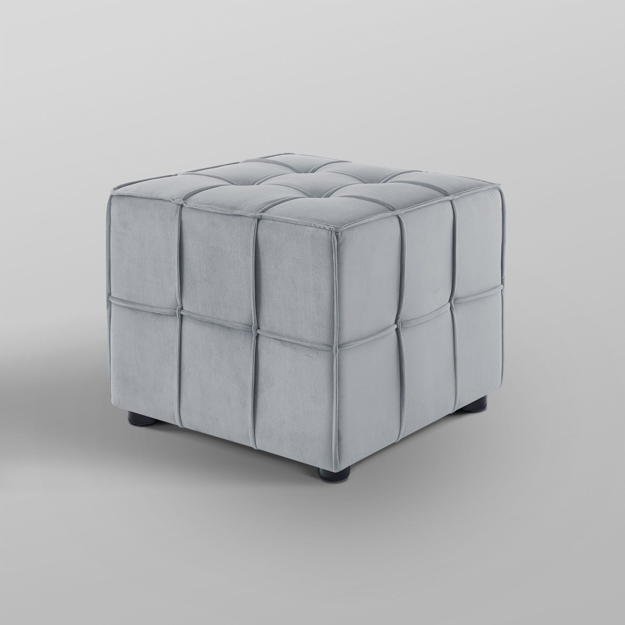 Velvet And Black Cube Ottoman - Light Gray