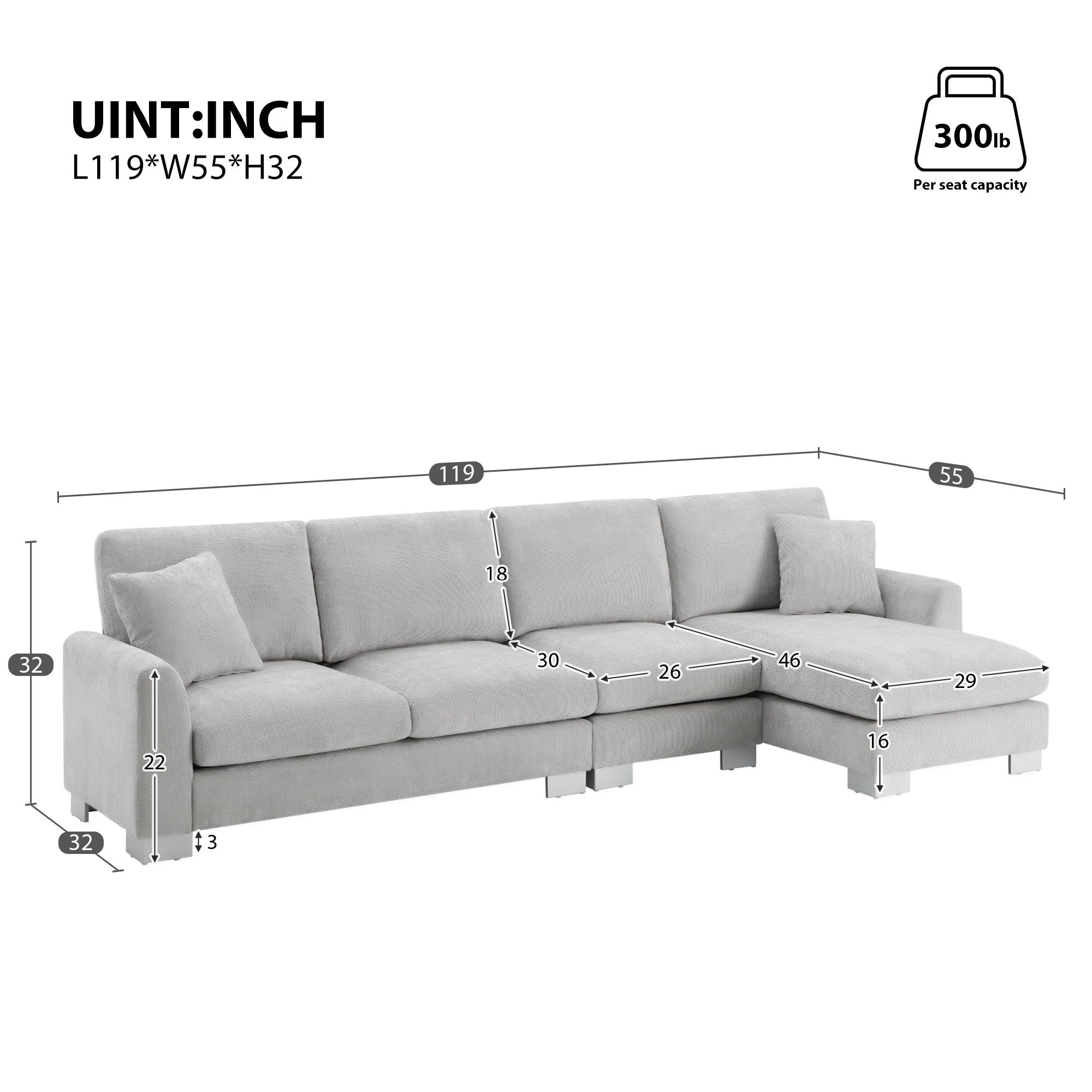 Modern Oversized Sectional Sofa, L-Shaped Luxury Couch Set With 2 Free Pillows, 5 Seat Chenille Indoor Furniture With Chaise For Living Room