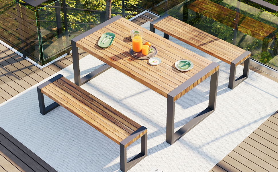 3 Pieces Outdoor Dining Table With 2 Benches, Patio Dining Set With Unique Top Texture, Acacia Wood Top & Steel Frame, All Weather Use, For Outdoor & Indoor - Natural