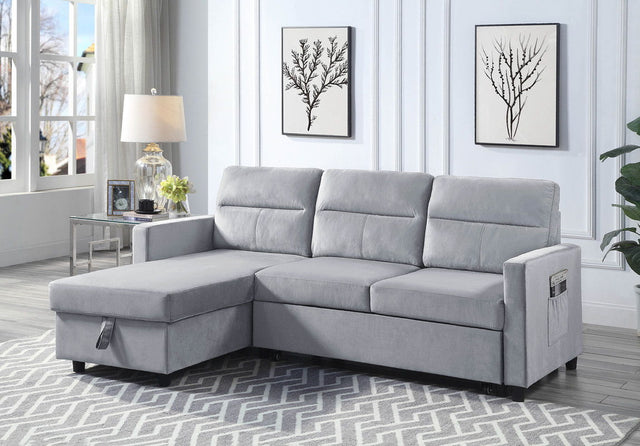Ruby - Velvet Reversible Sleeper Sectional Sofa With Storage Chaise And Side Pocket - Light Gray by Lilola Home | Bel Furniture