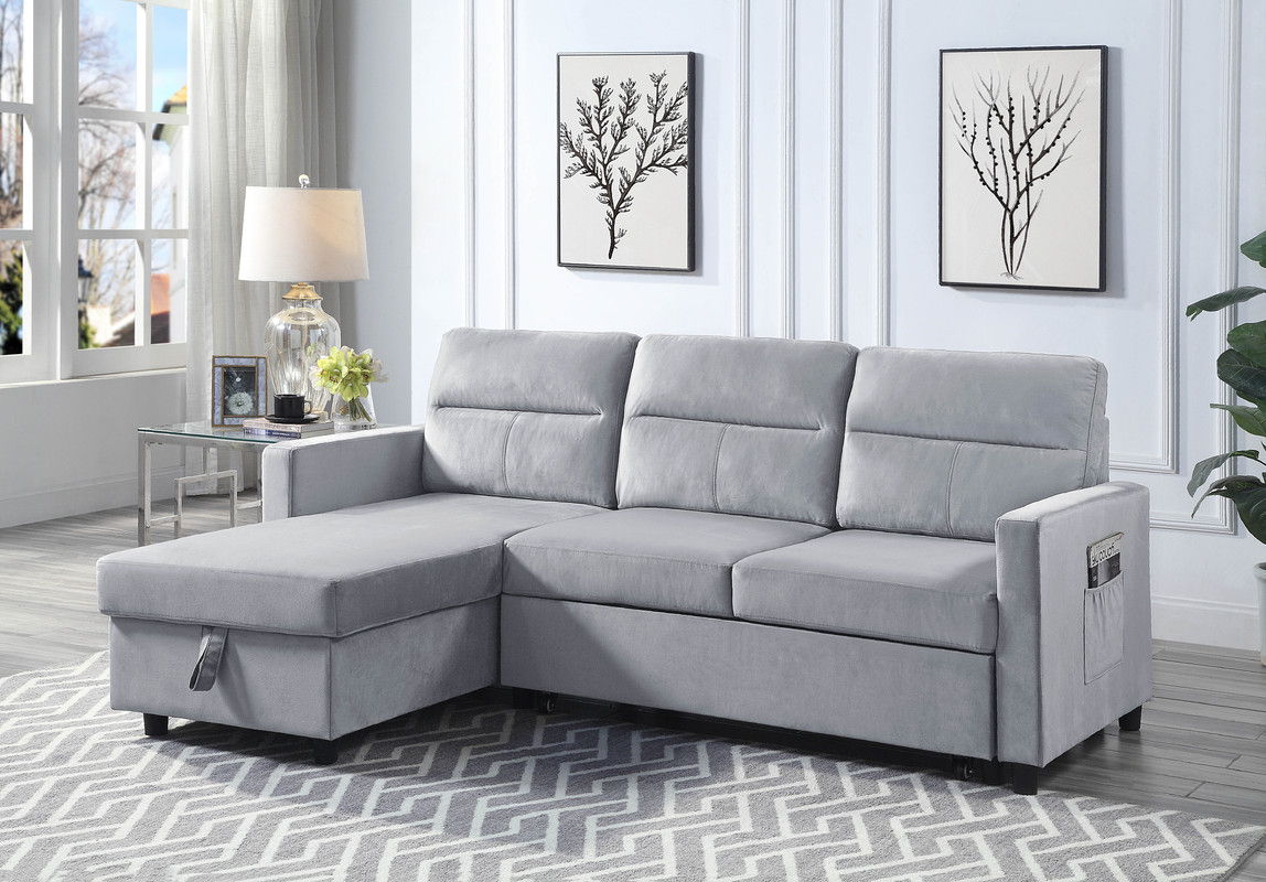 Ivy - Velvet Reversible Sleeper Sectional Sofa With Storage Chaise And Side Pocket