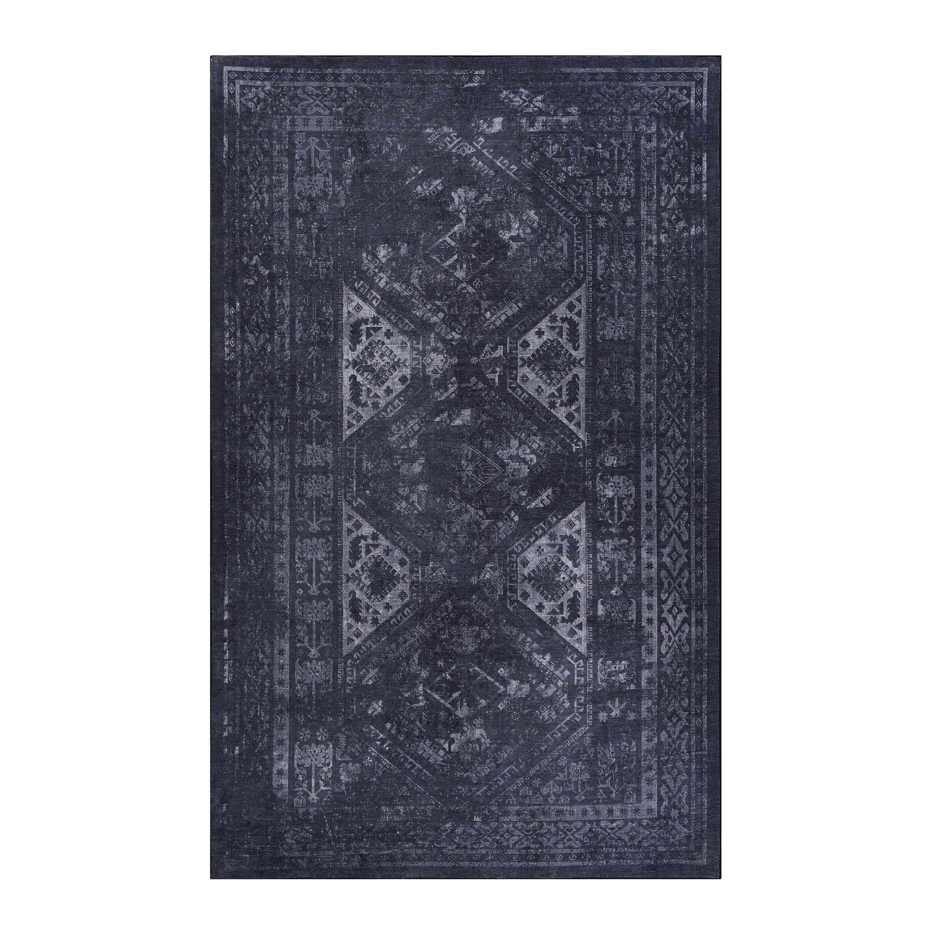 2' x 3' Machine Washable Area Rugs, Low-Pile, Non-Slip, Non-Shedding, Foldable, Kid & Pet Friendly - Black / Gray